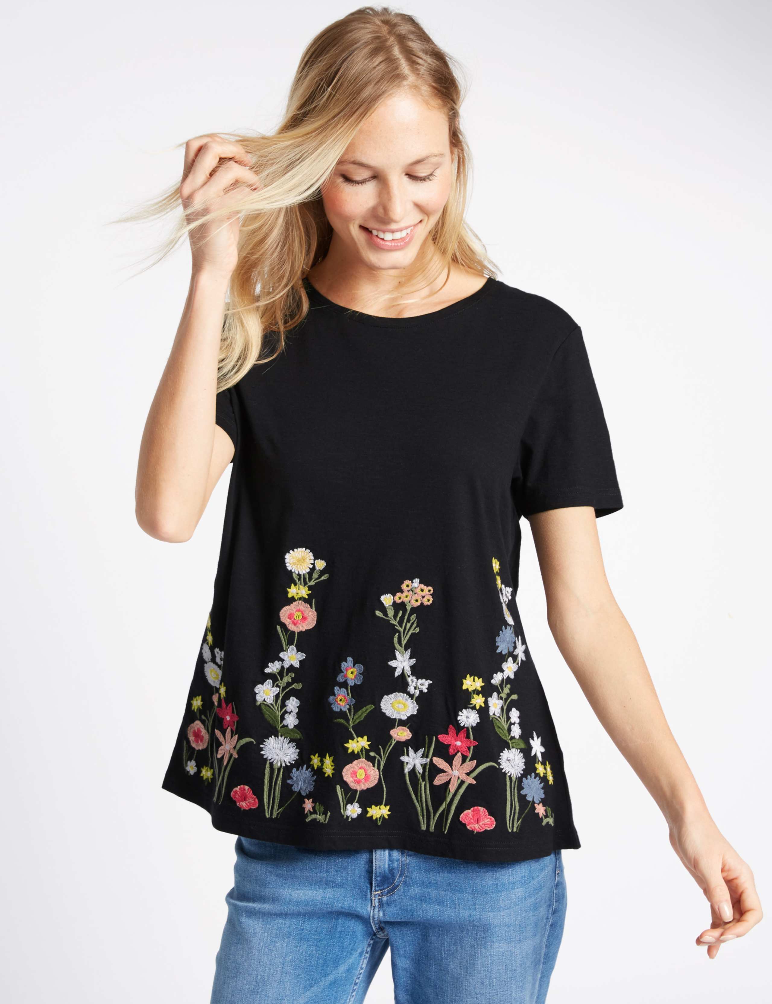 Pure Cotton Floral Embroidered T-Shirt 1 of 4