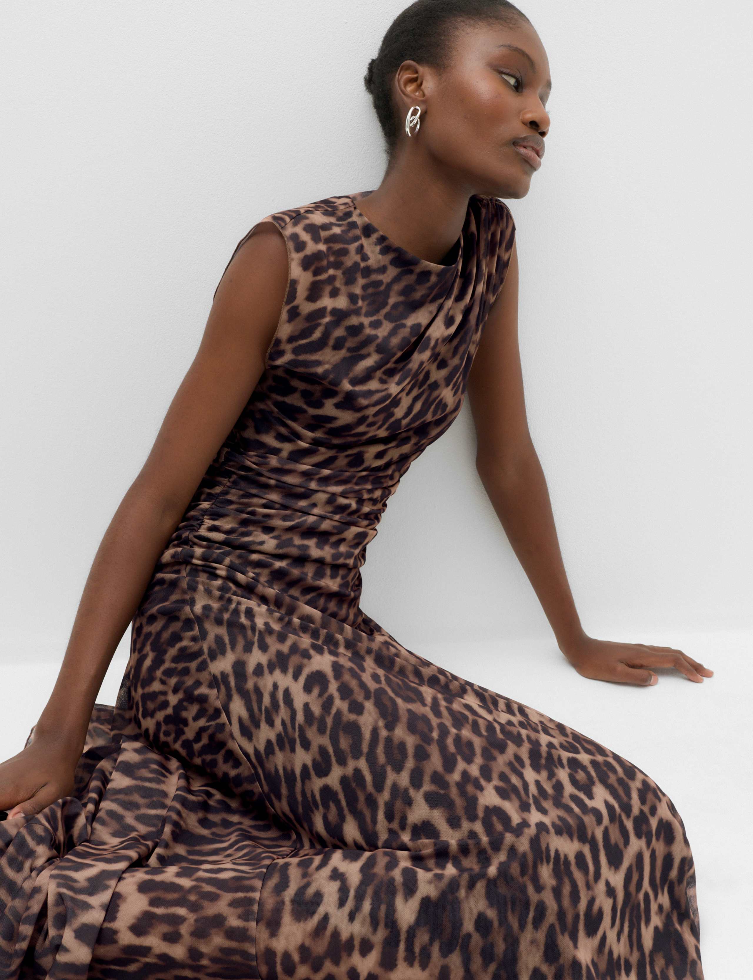 Animal Print Mesh Draped Slash Neck Midaxi Dress 1 of 6