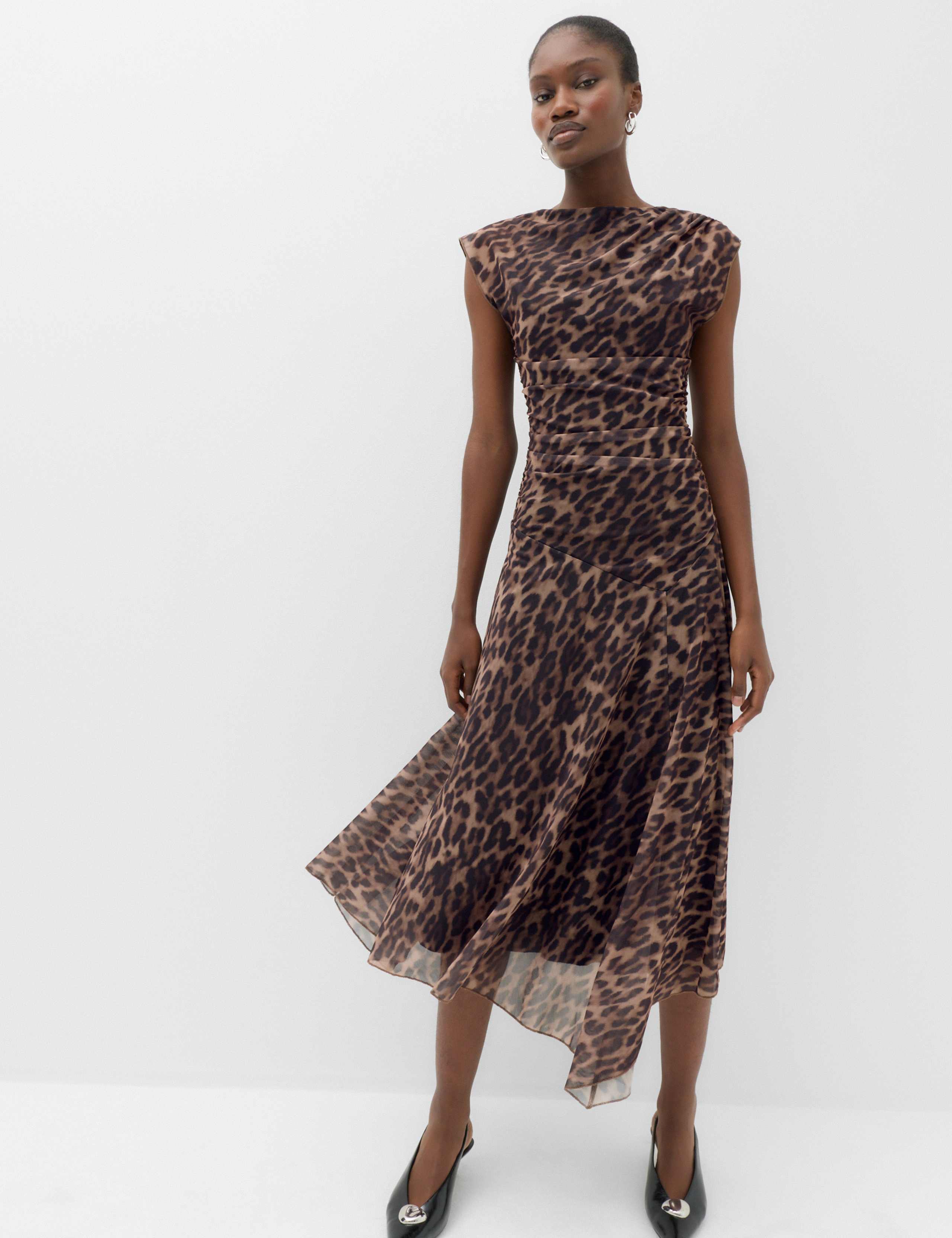 Animal Print Mesh Draped Slash Neck Midaxi Dress 3 of 6