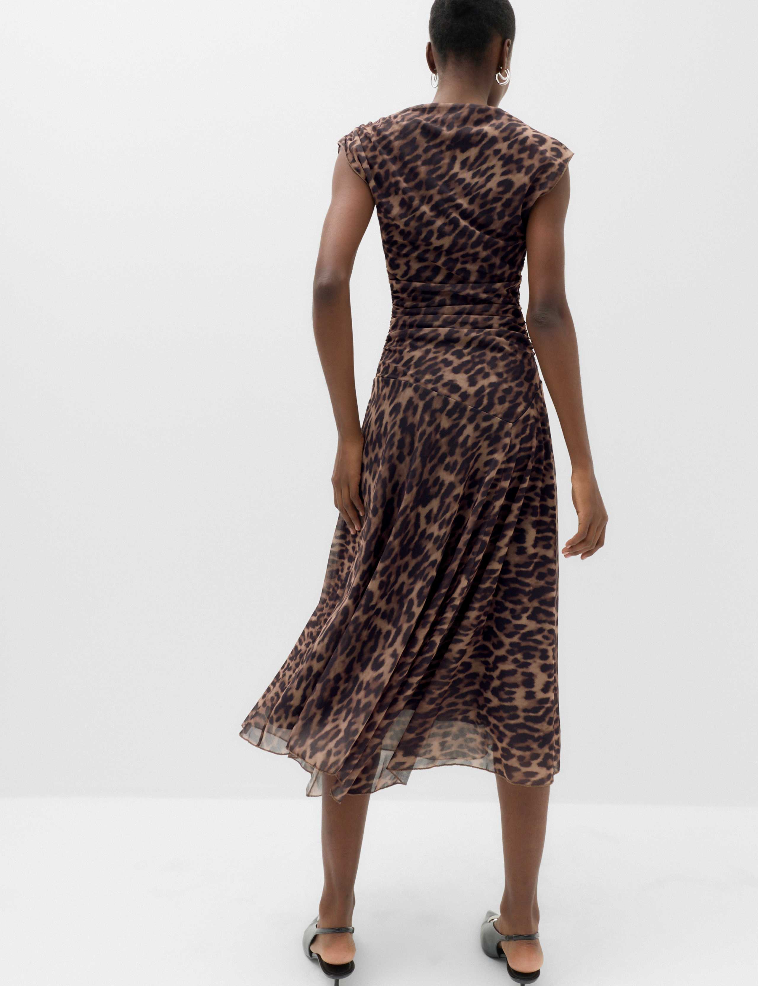 Animal Print Mesh Draped Slash Neck Midaxi Dress 4 of 6