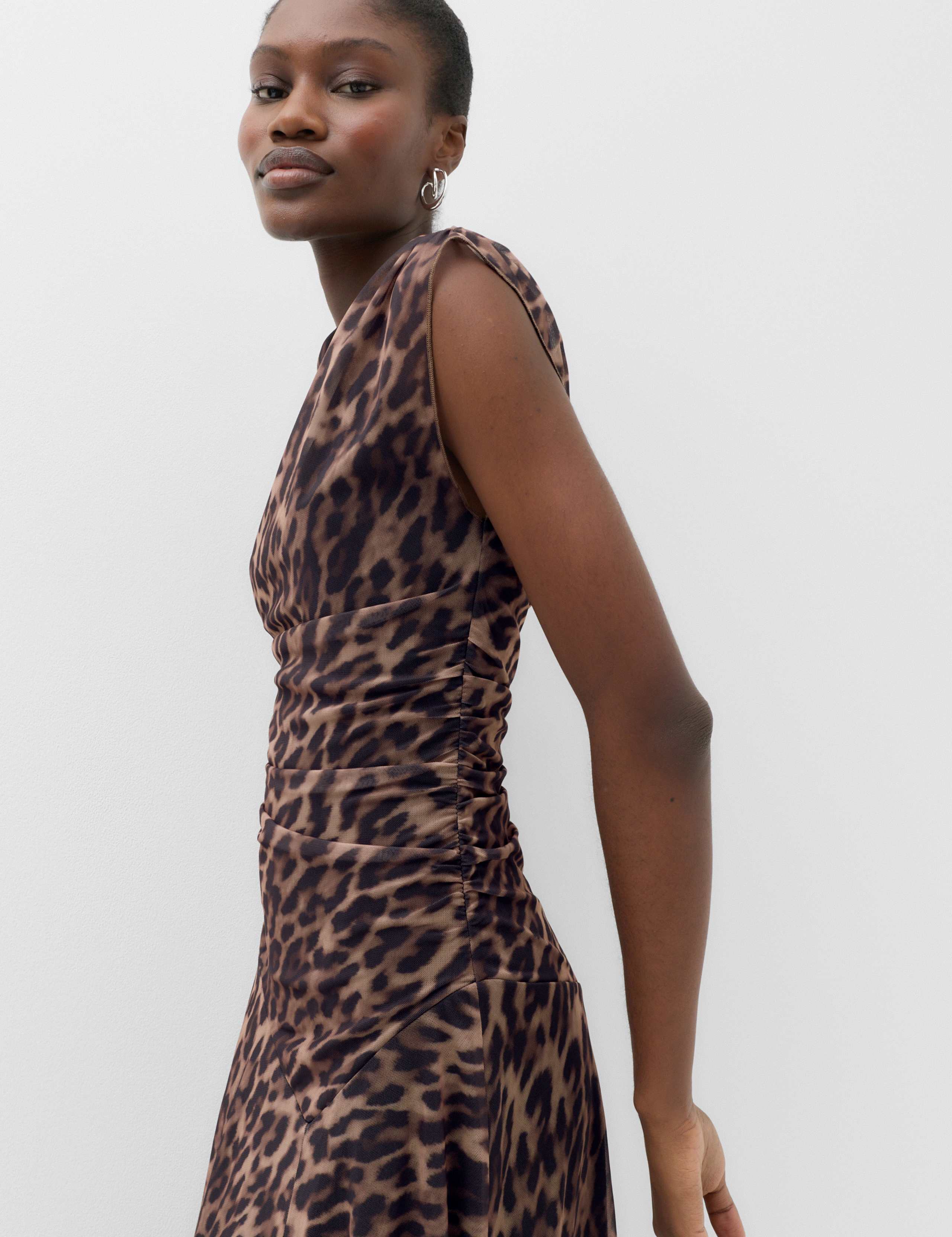 Animal Print Mesh Draped Slash Neck Midaxi Dress 5 of 6