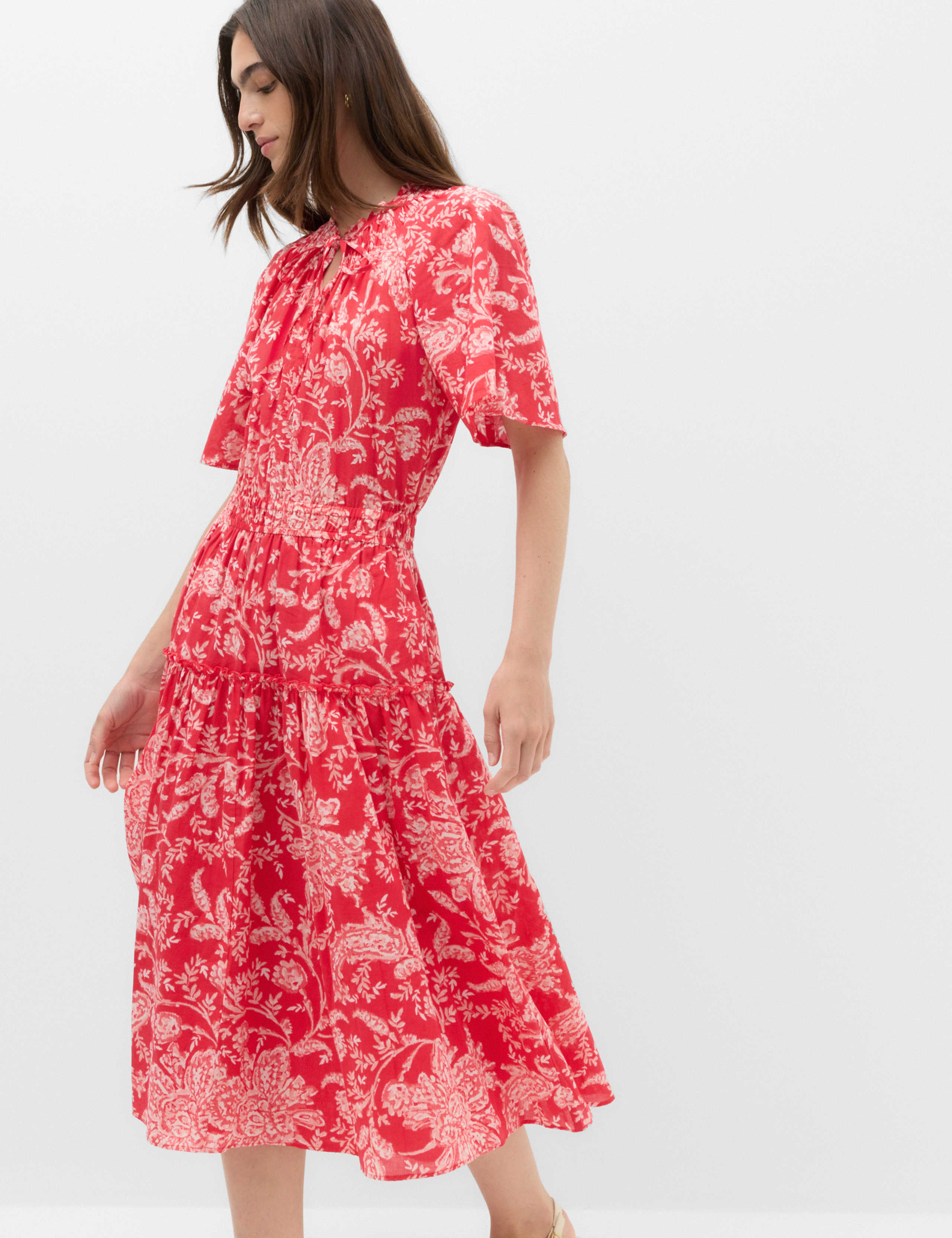 Pure Cotton Floral Tie Neck Midi Waisted Dress 1 of 6