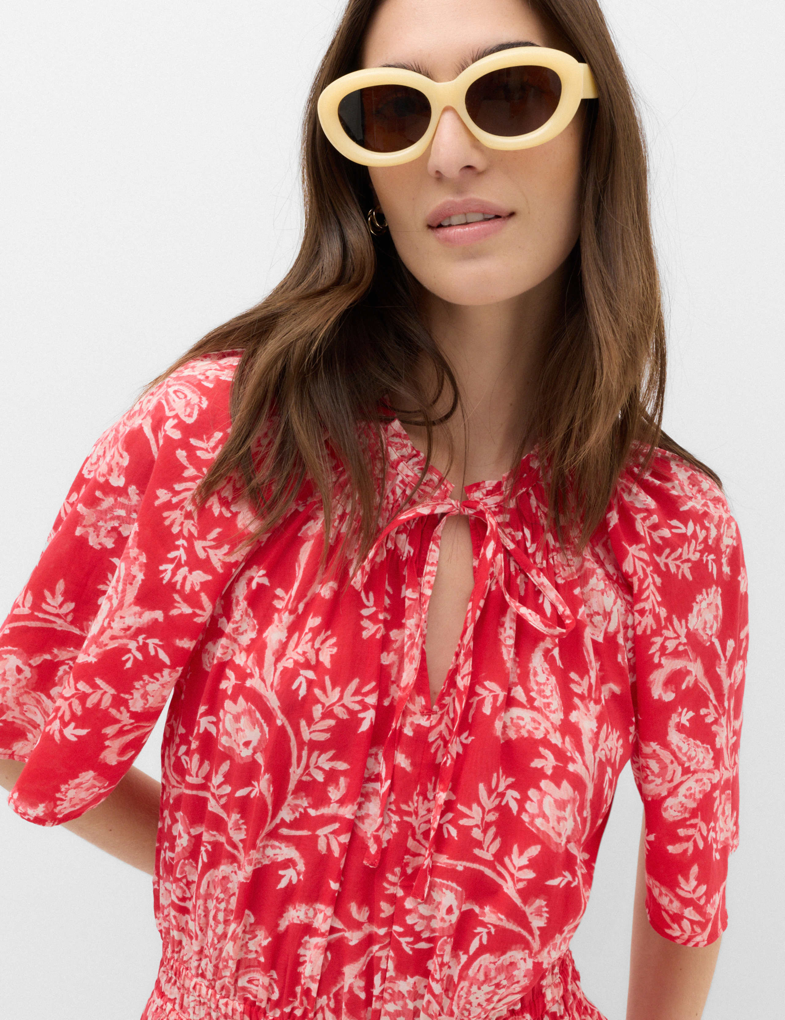 Pure Cotton Floral Tie Neck Midi Waisted Dress 3 of 6