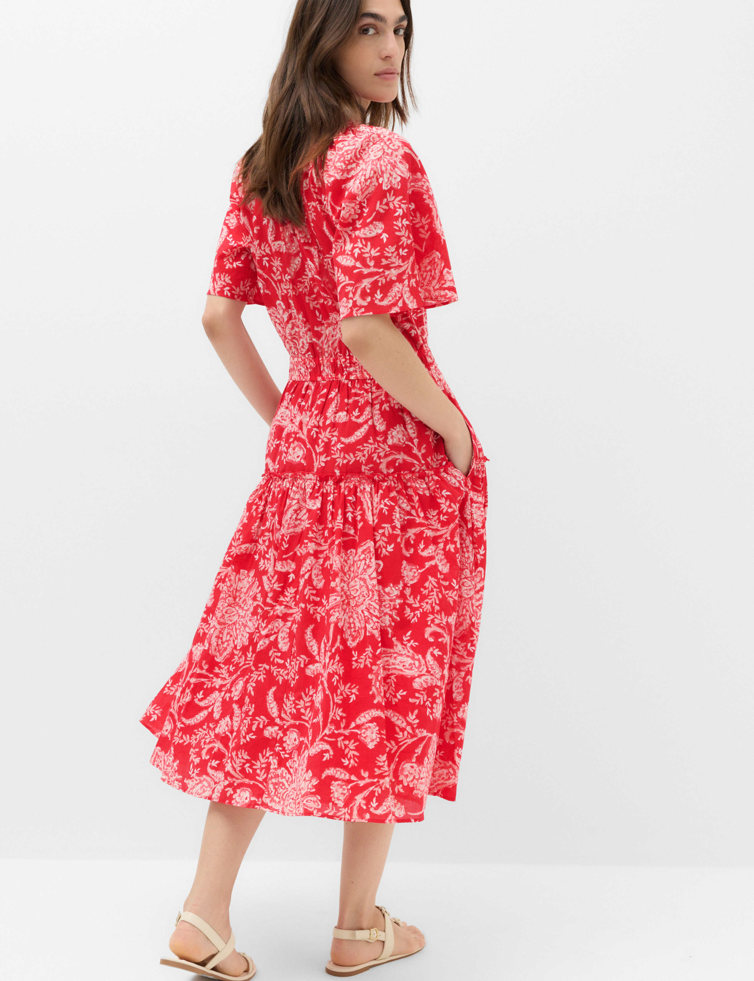 Pure Cotton Floral Tie Neck Midi Waisted Dress 4 of 6