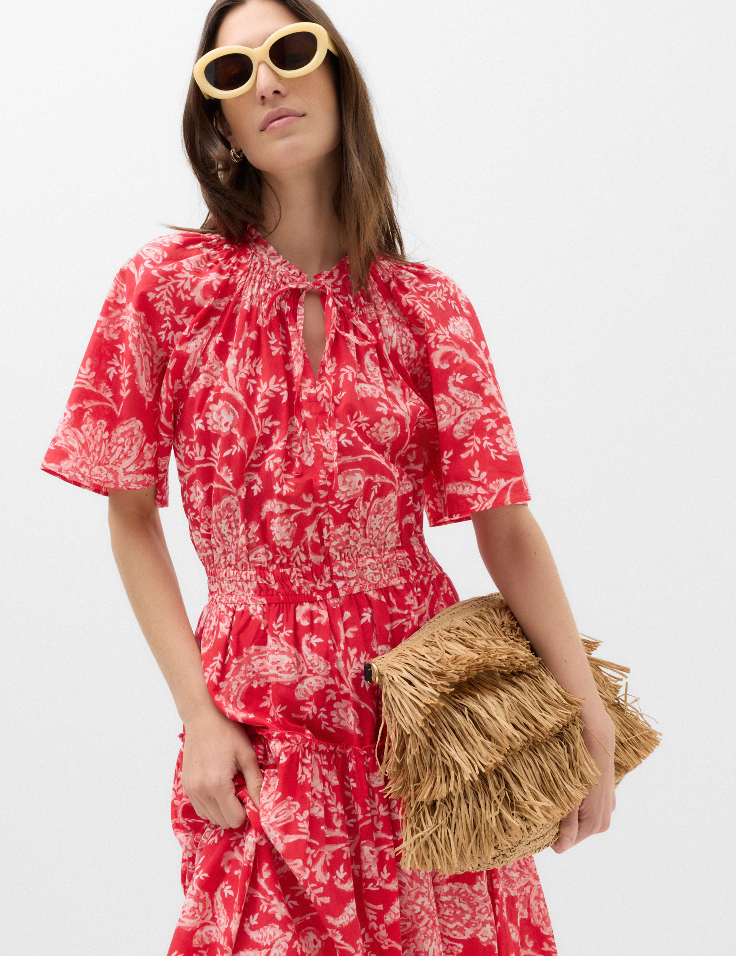 Pure Cotton Floral Tie Neck Midi Waisted Dress 6 of 6
