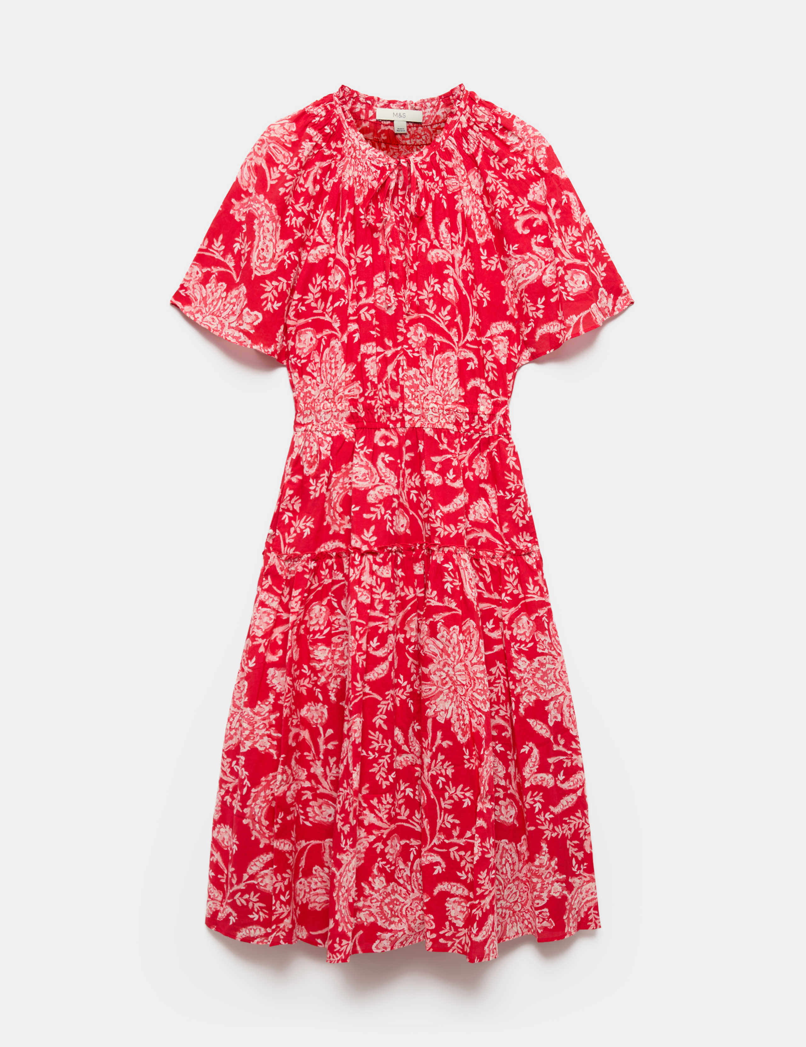 Pure Cotton Floral Tie Neck Midi Waisted Dress 2 of 6