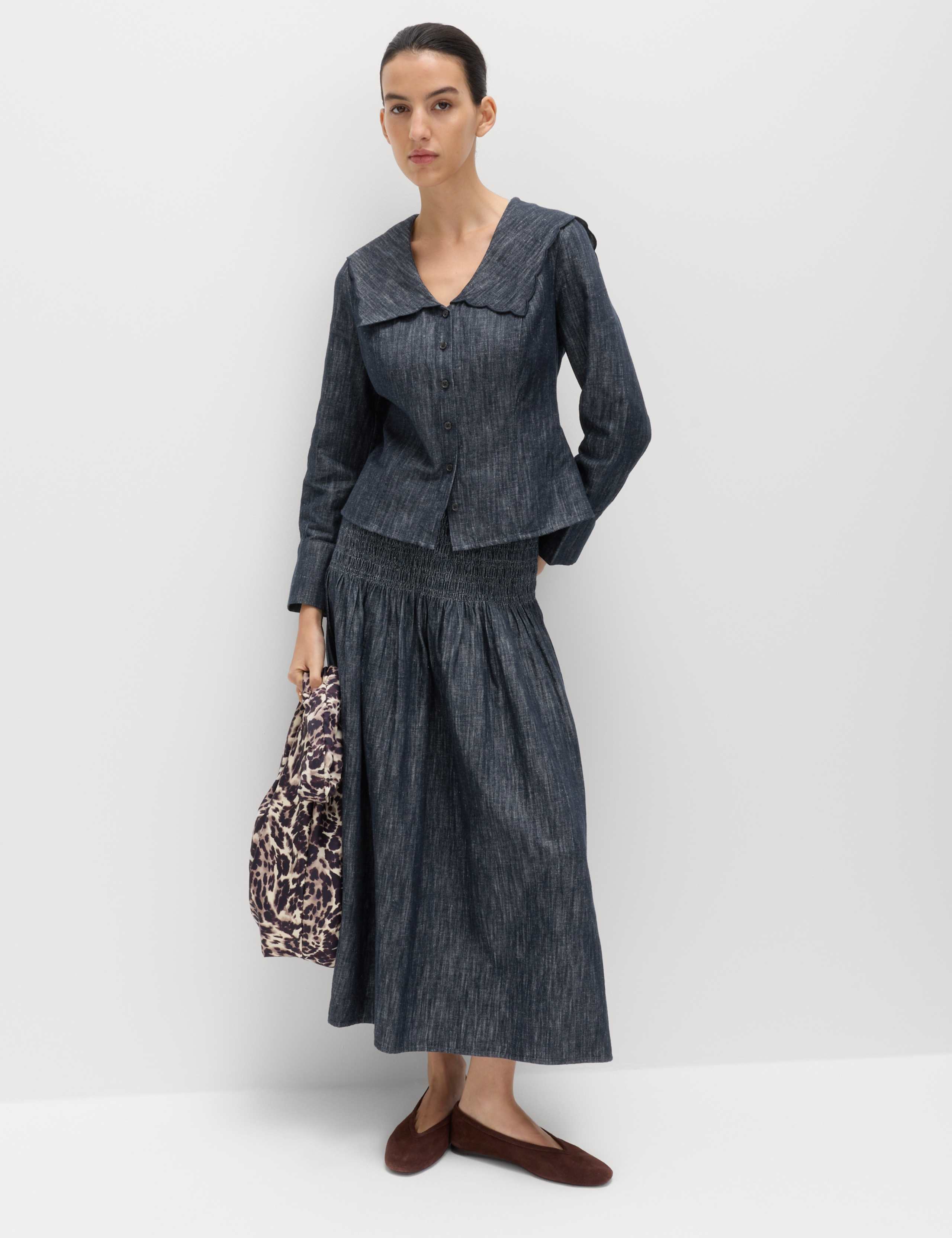 Linen Blend Denim Shirred Midaxi Drop Waist Skirt 1 of 5