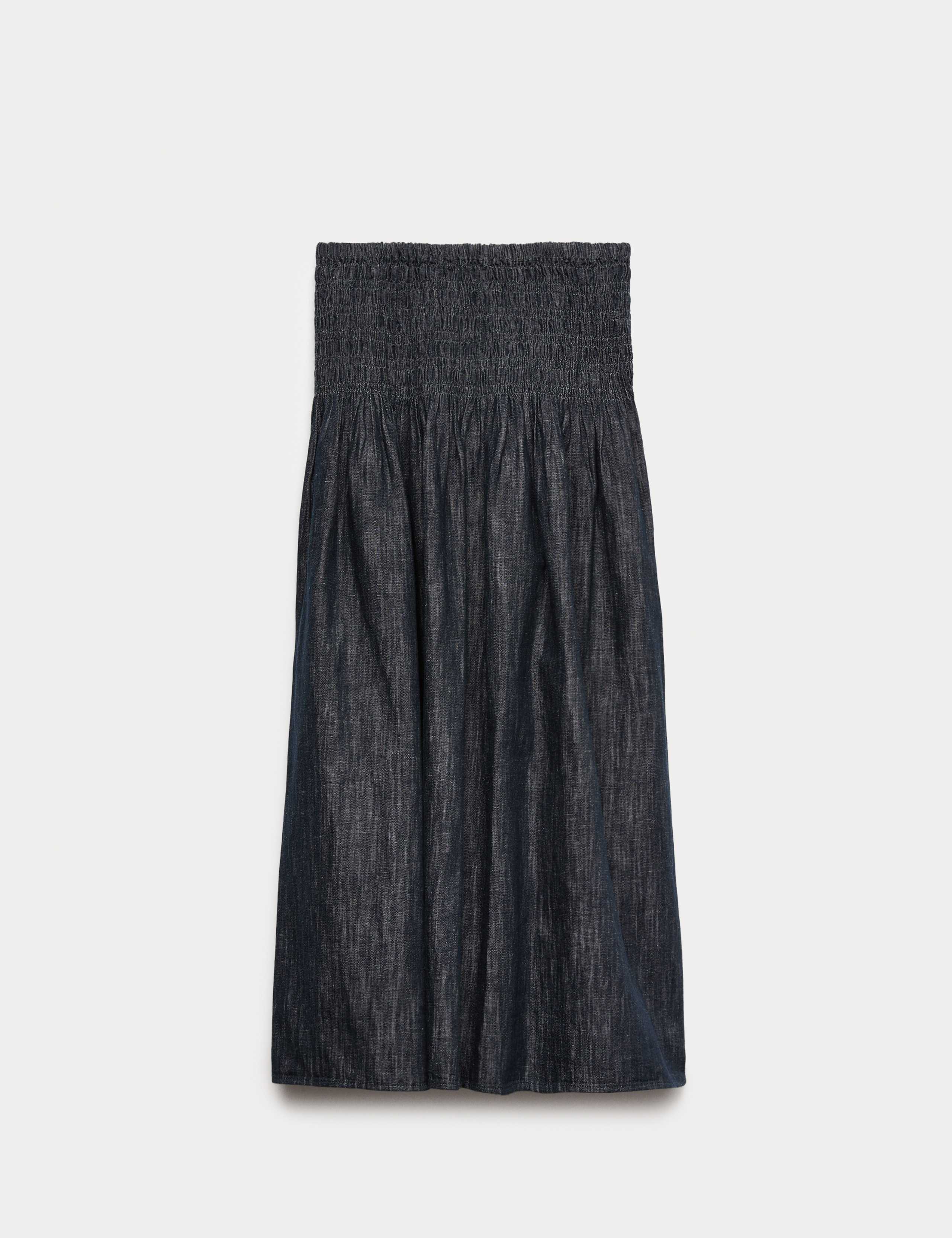 Linen Blend Denim Shirred Midaxi Drop Waist Skirt 1 of 1