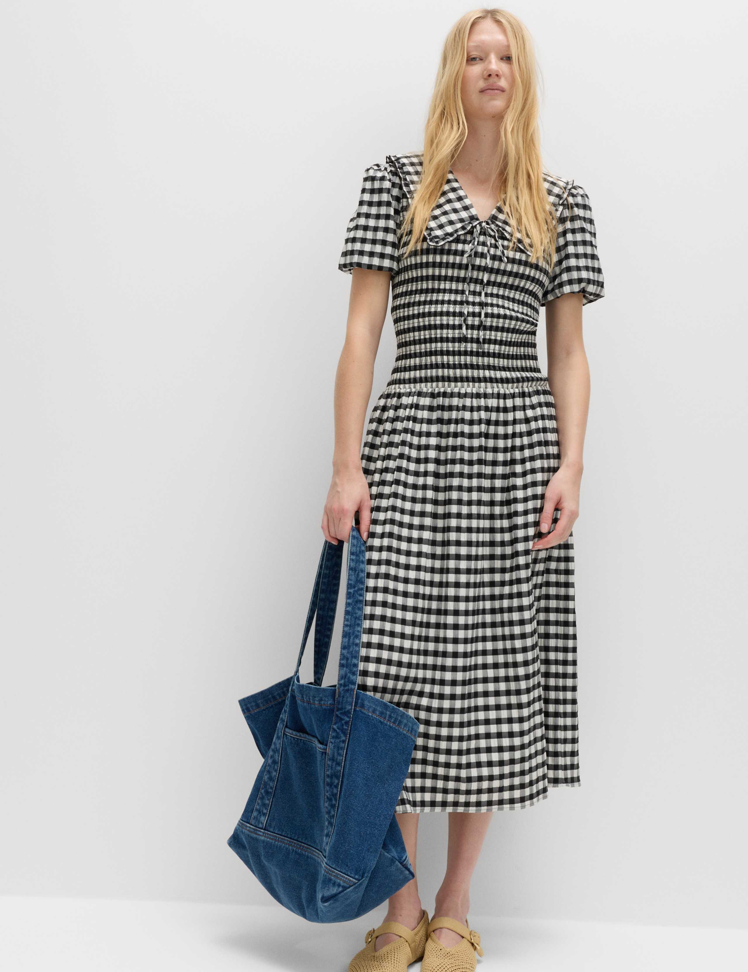 Cotton Blend Gingham Dropped Waist Midi Dress 1 of 5