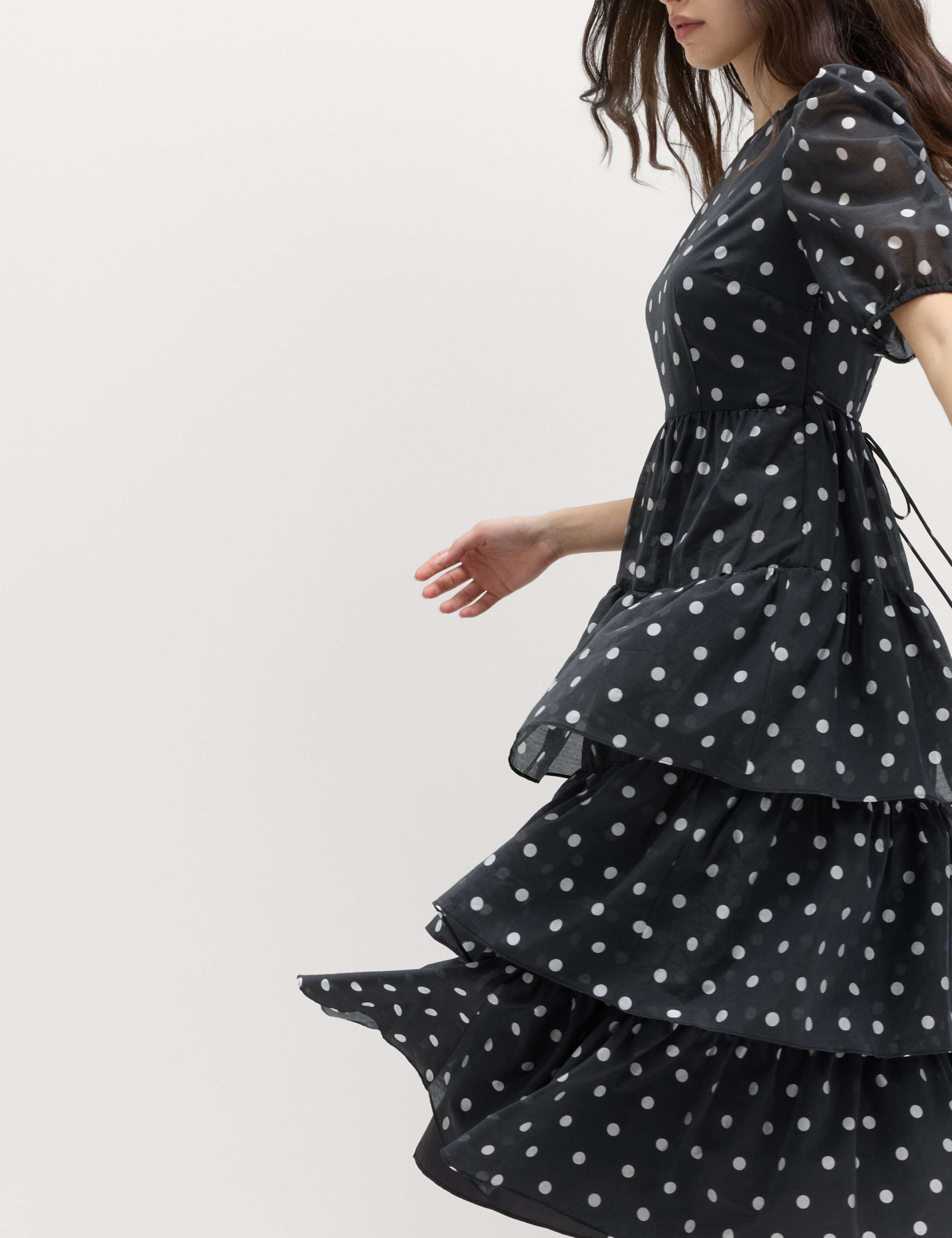 Lyocell Rich Polka Dot Midi Tiered Dress 1 of 6