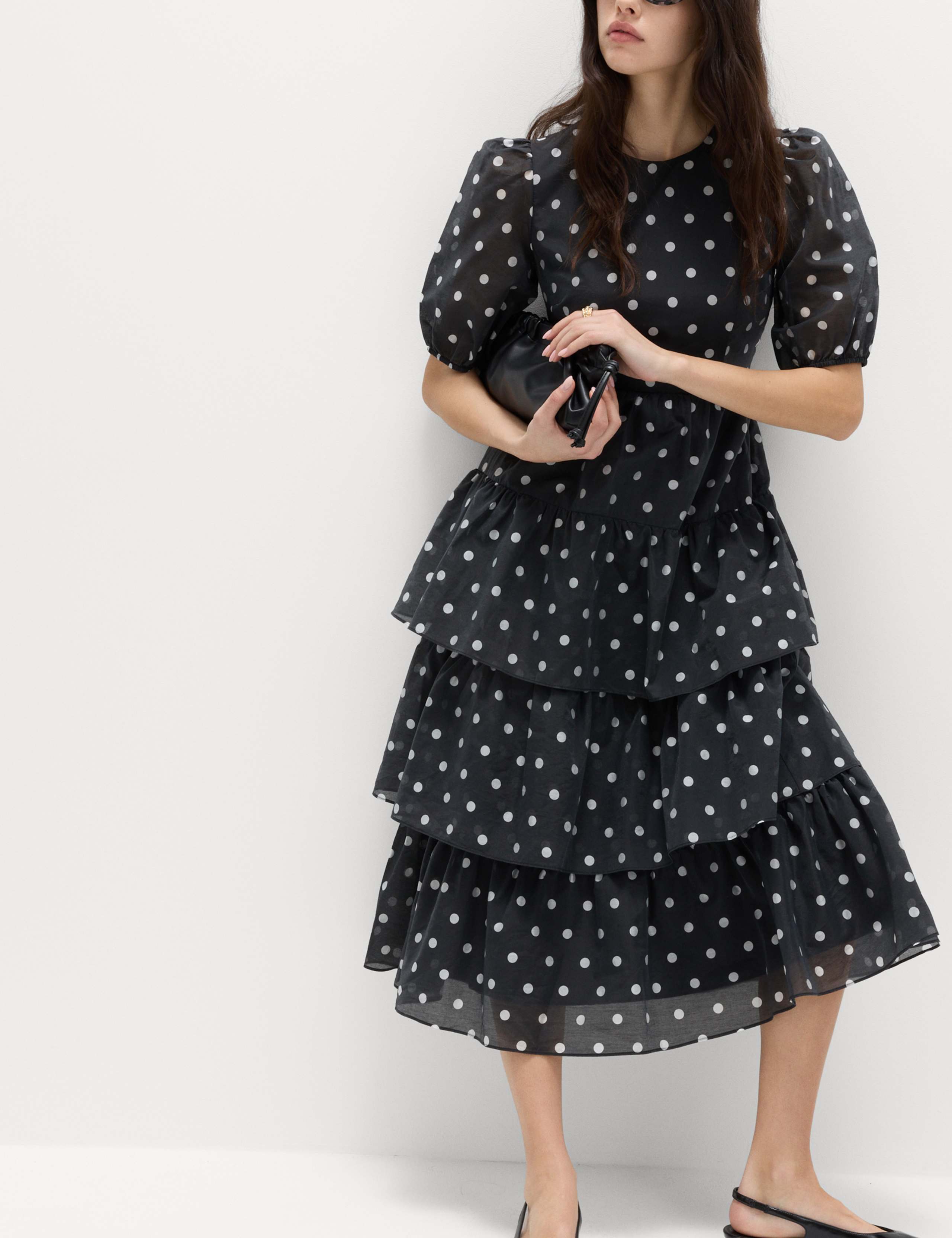 Lyocell Rich Polka Dot Midi Tiered Dress 3 of 6
