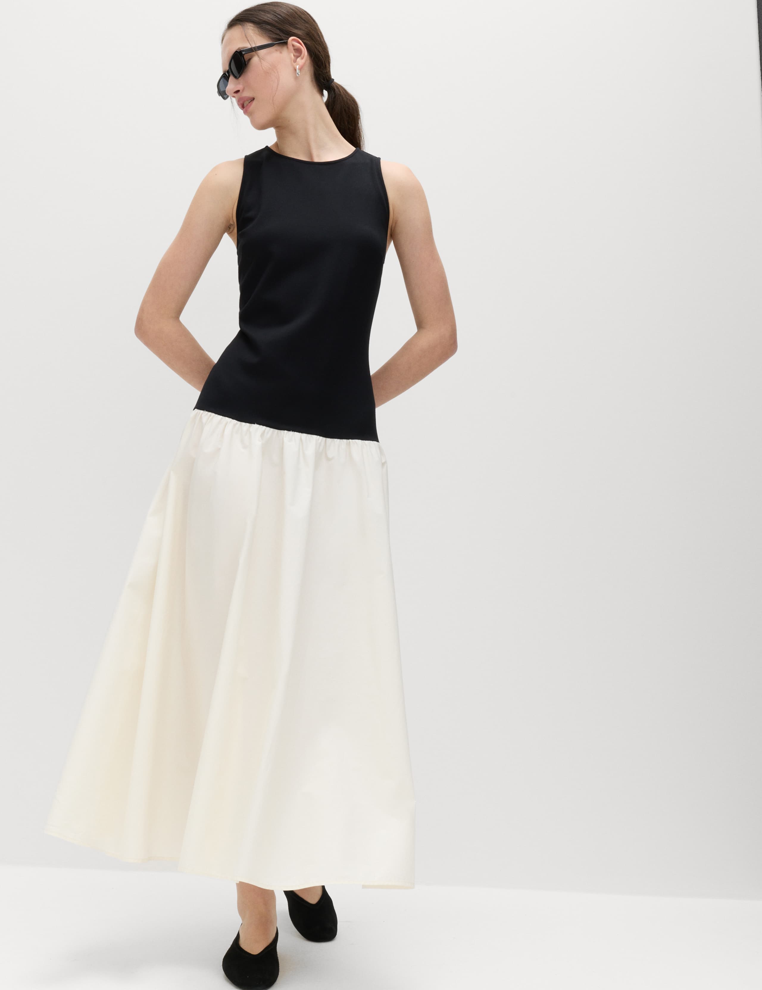 Cotton Blend Contrast Midi Drop Waist Dress 3 of 6