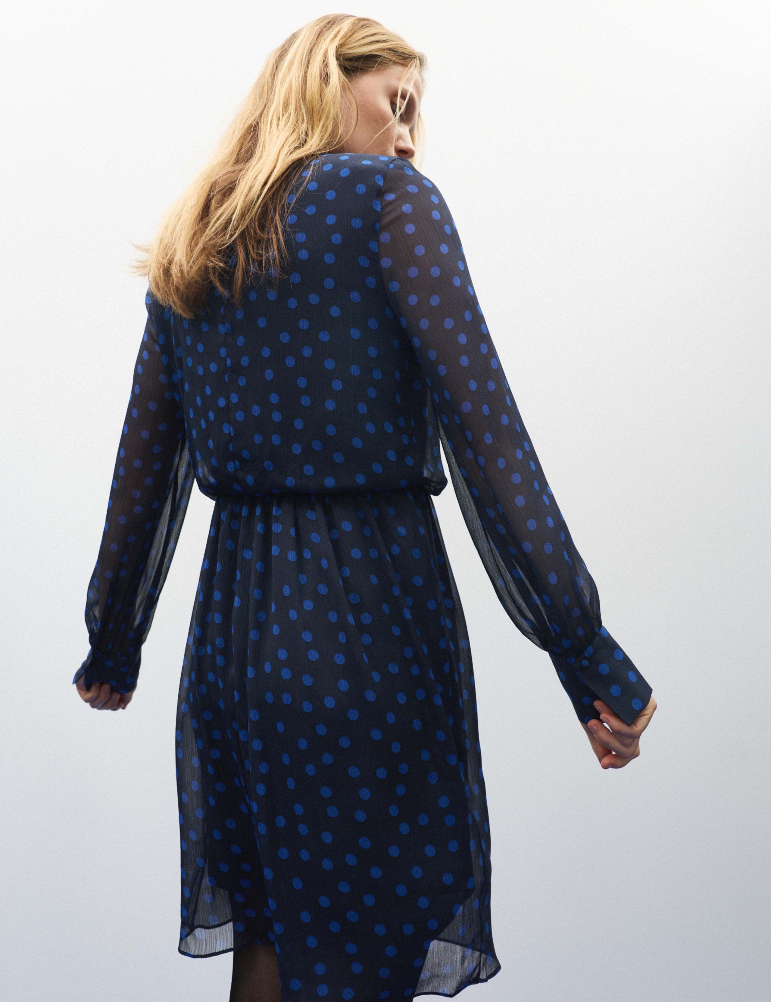 Chiffon Polka Dot Funnel Neck Mini Wrap Dress 4 of 11