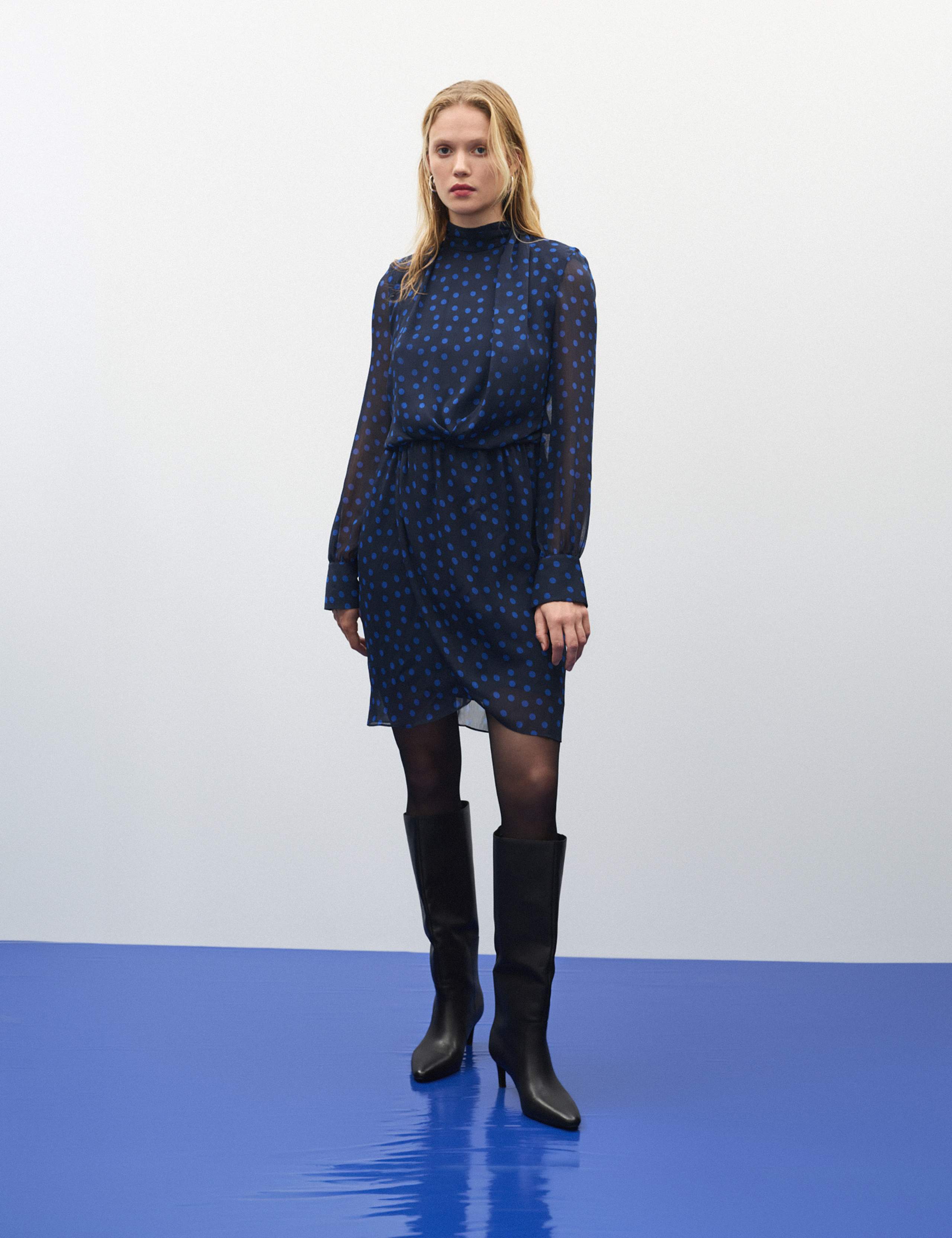 Chiffon Polka Dot Funnel Neck Mini Wrap Dress 6 of 11