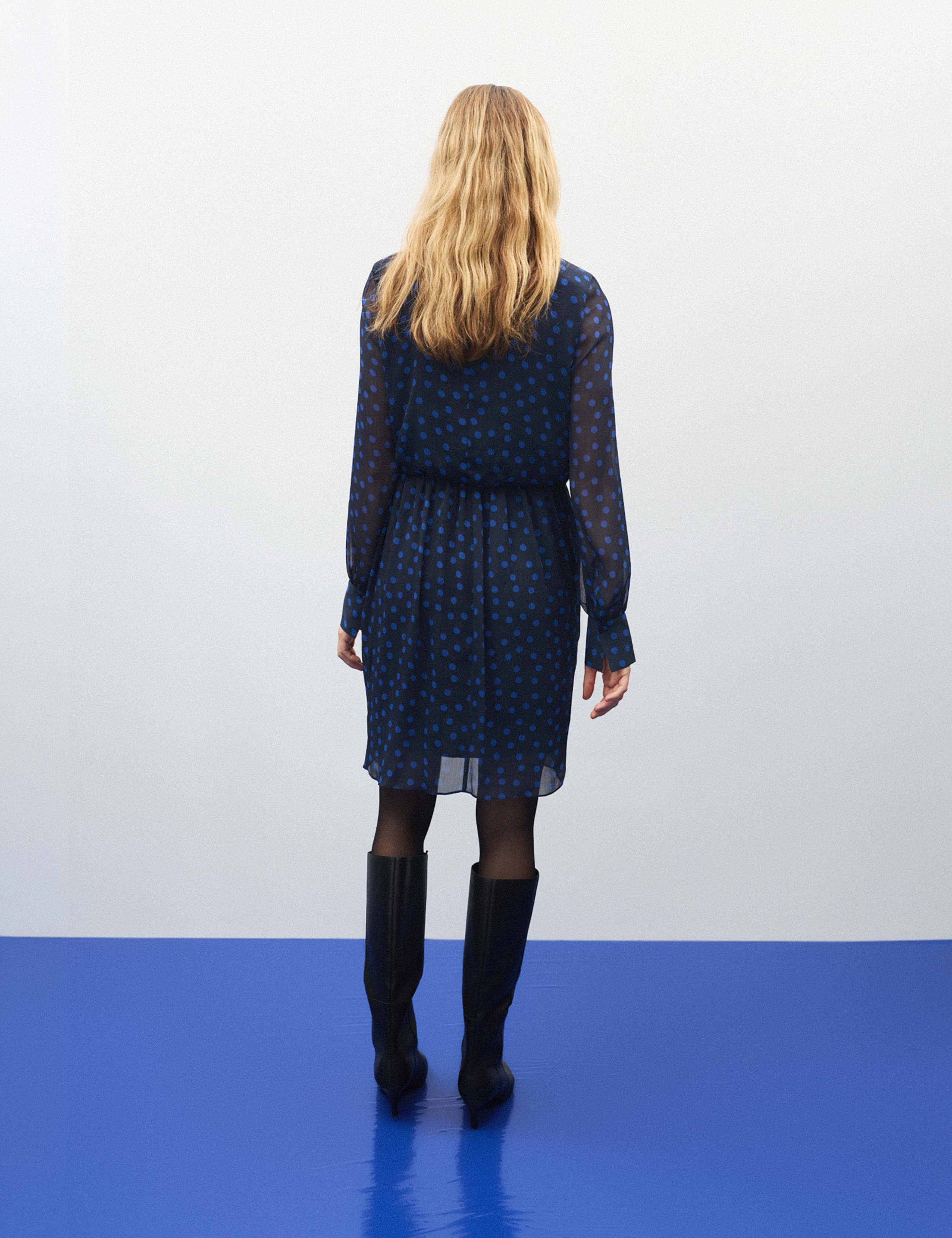 Chiffon Polka Dot Funnel Neck Mini Wrap Dress 9 of 11