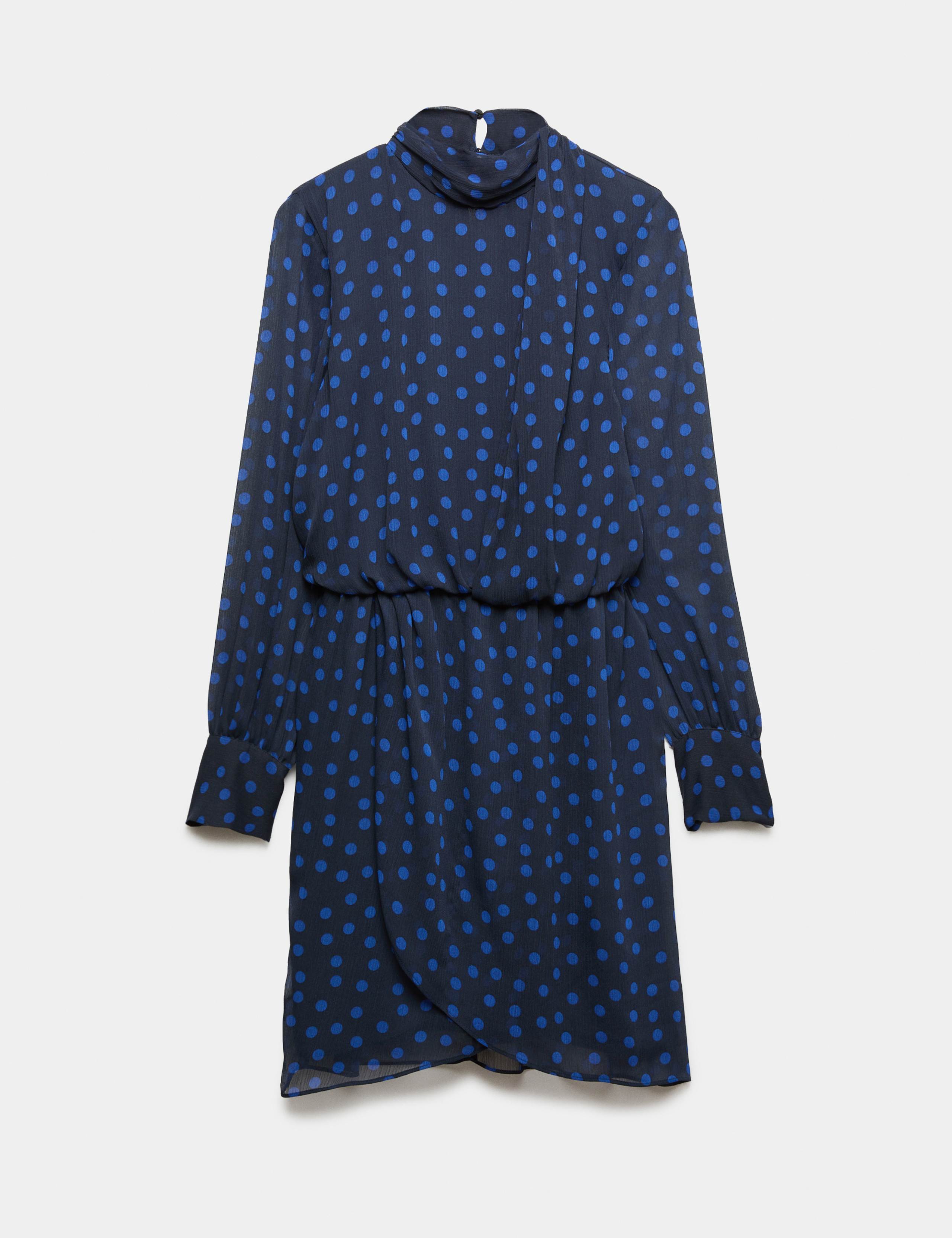 Chiffon Polka Dot Funnel Neck Mini Wrap Dress 2 of 11