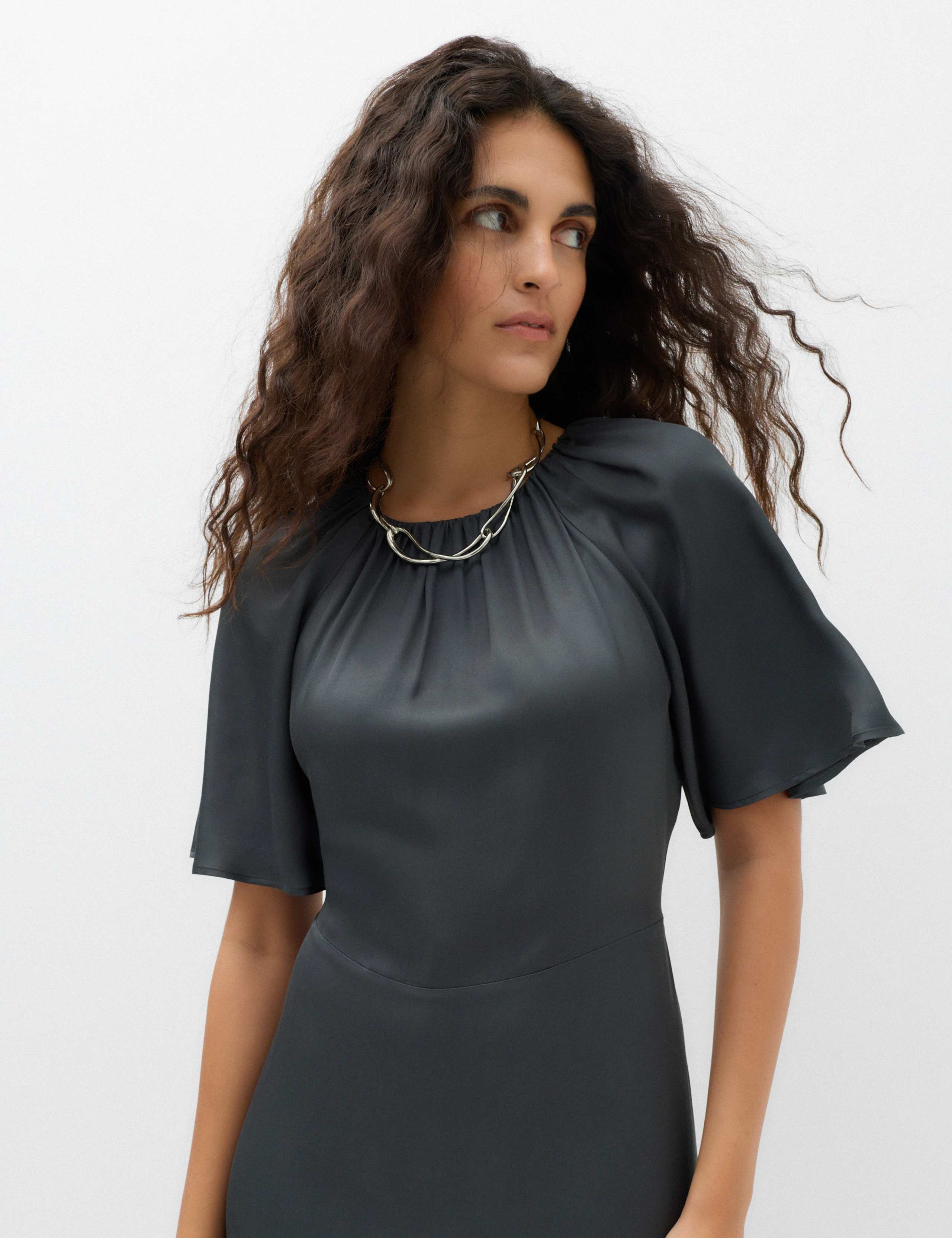 Satin Belted Flute Sleeve Midi Waisted Dress 3 of 5