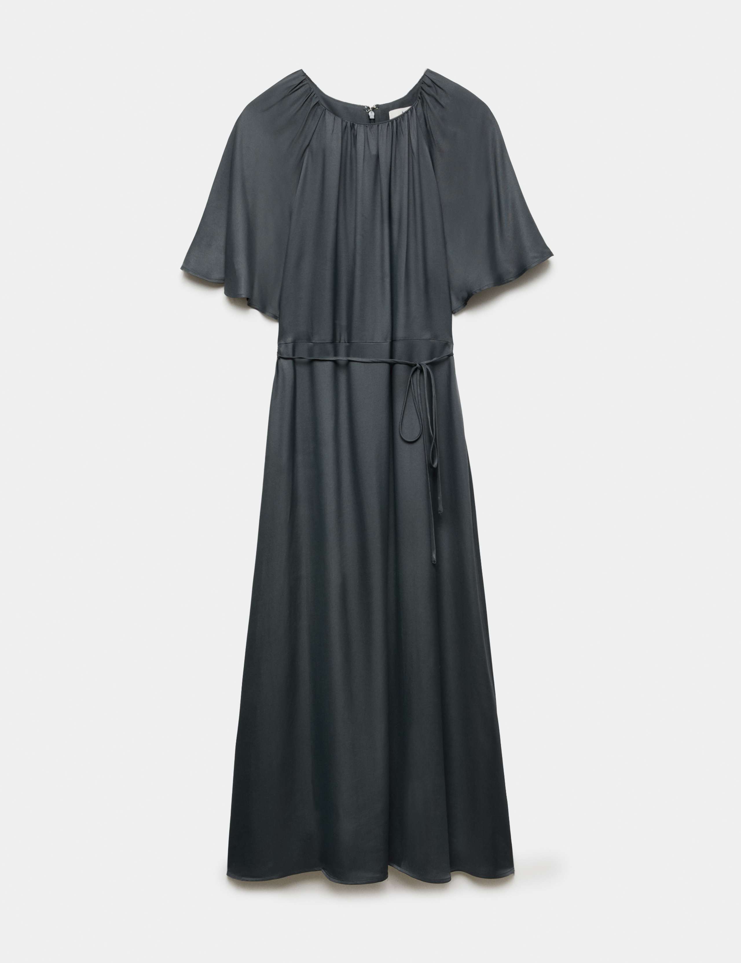 Satin Belted Flute Sleeve Midi Waisted Dress 2 of 5