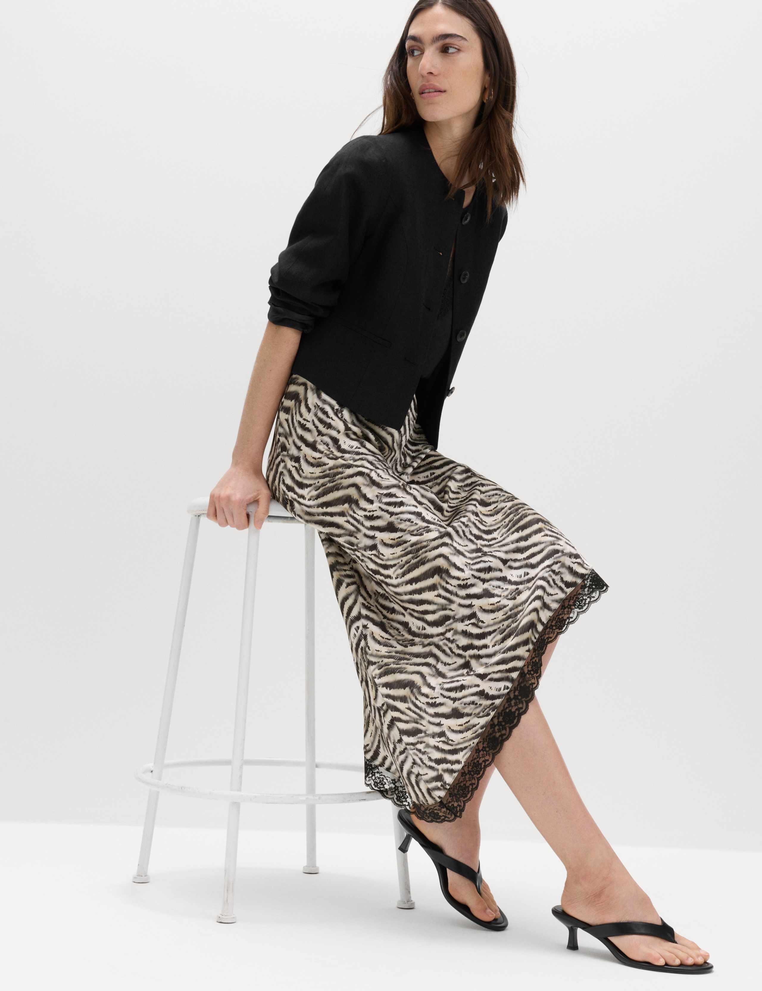 Zebra Print Lace Hem Asymmetric Midi Skirt 3 of 6