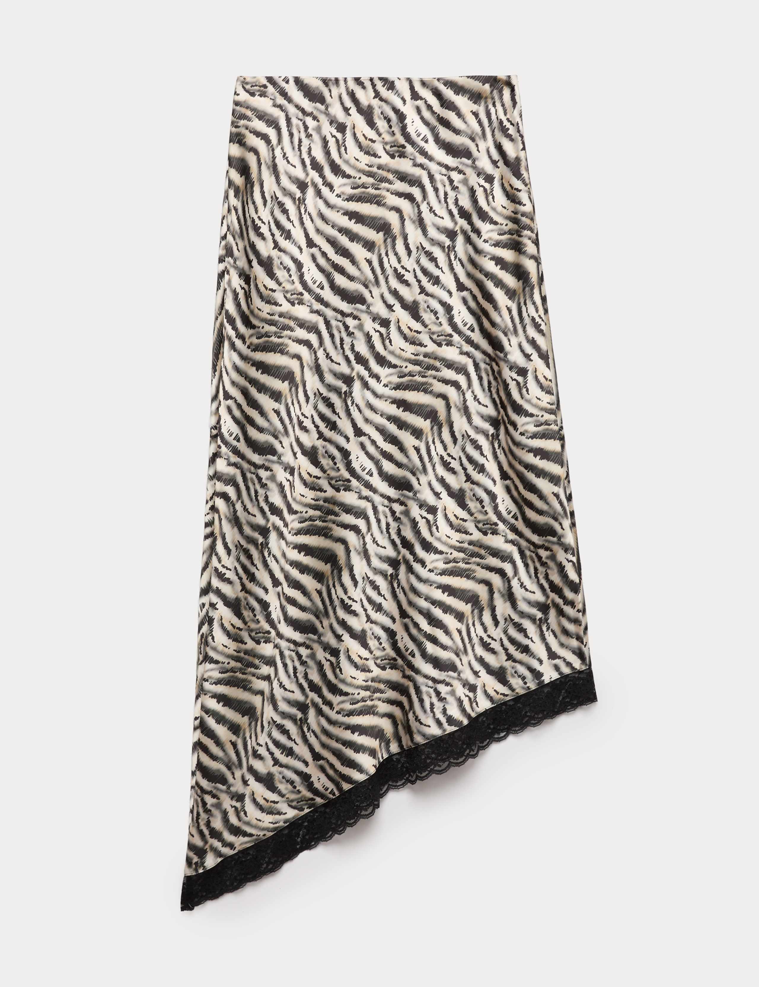 Zebra Print Lace Hem Asymmetric Midi Skirt 2 of 6