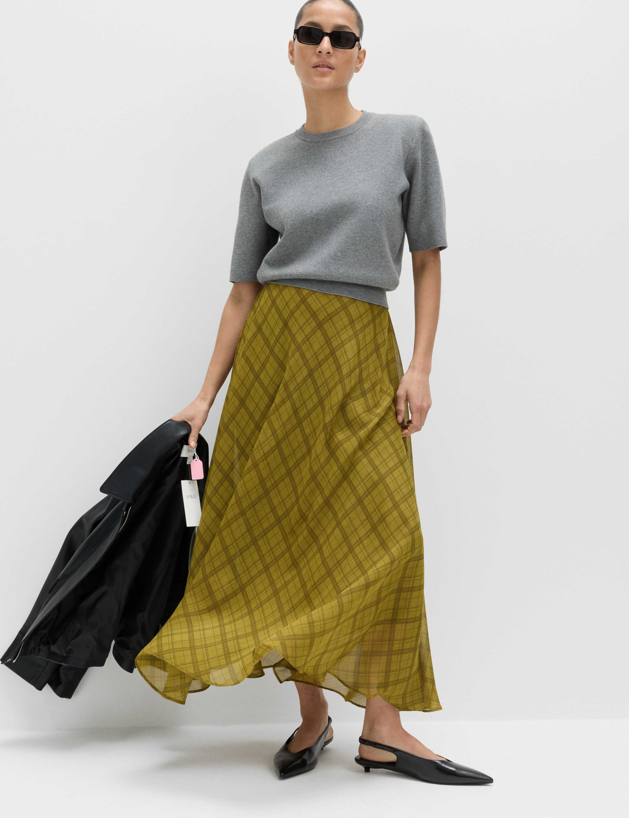 Checked Chiffon Midi A-Line Skirt 3 of 7