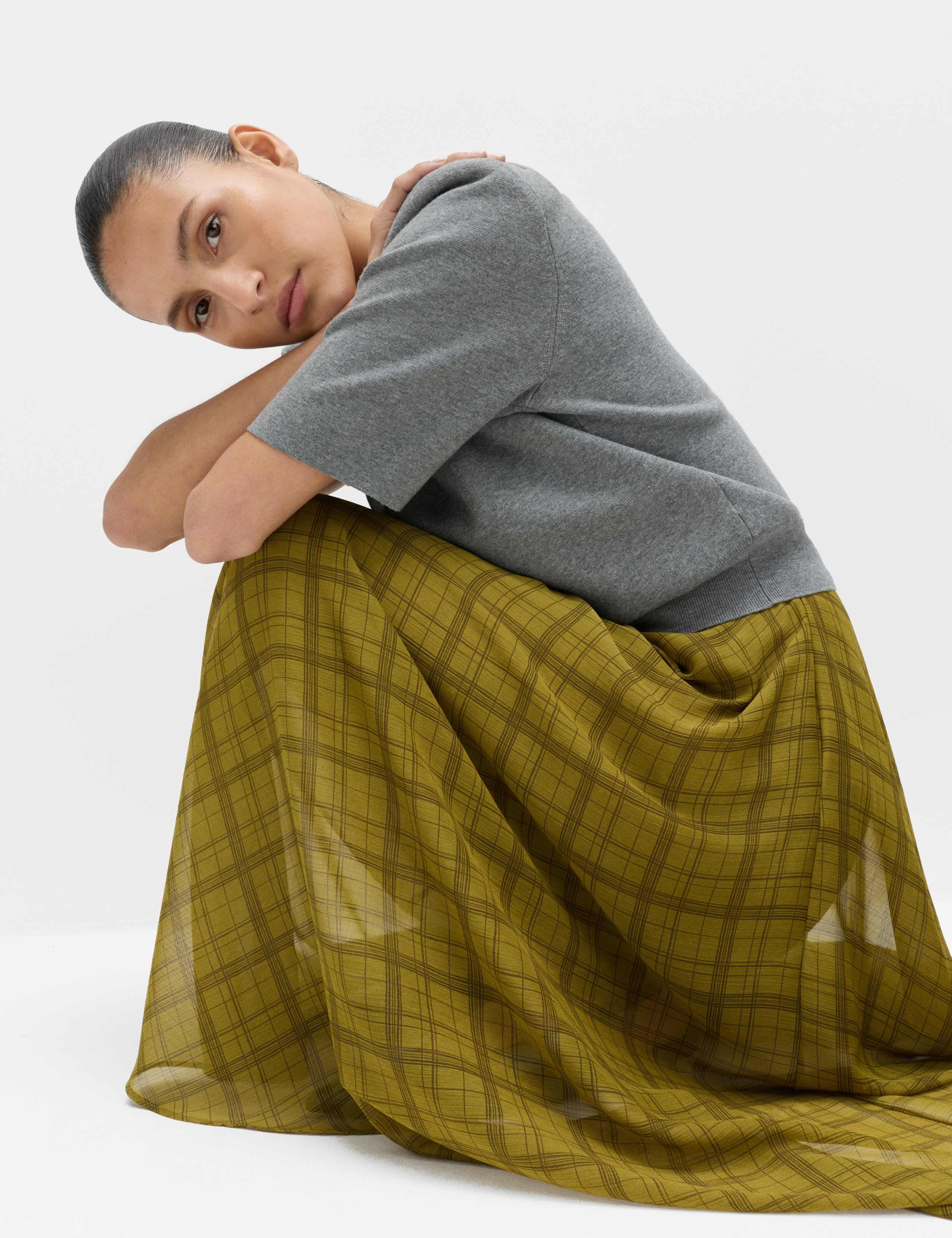 Checked Chiffon Midi A-Line Skirt 5 of 7