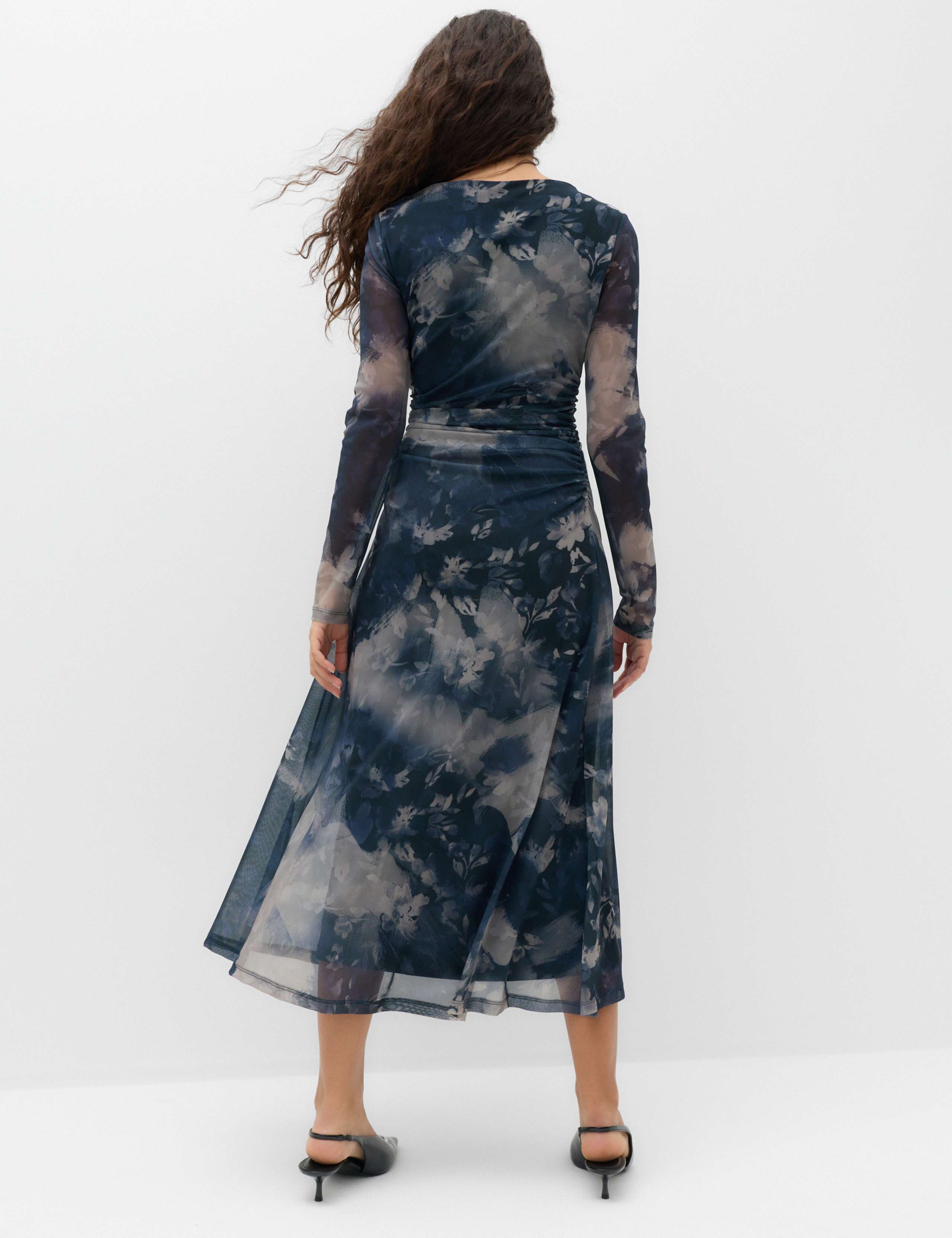 Mesh Floral Ruched Midi Column Dress 3 of 5