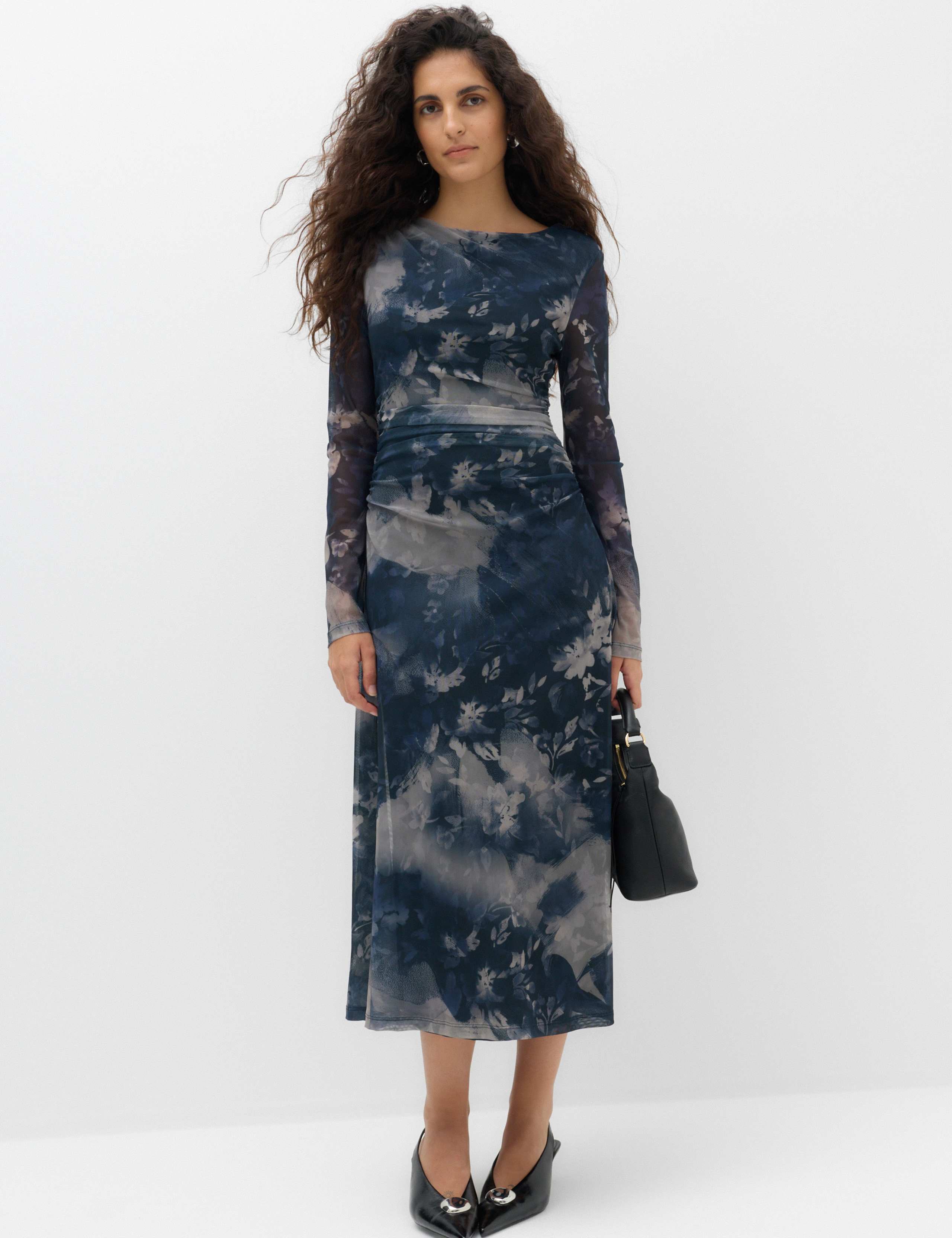 Mesh Floral Ruched Midi Column Dress 5 of 5