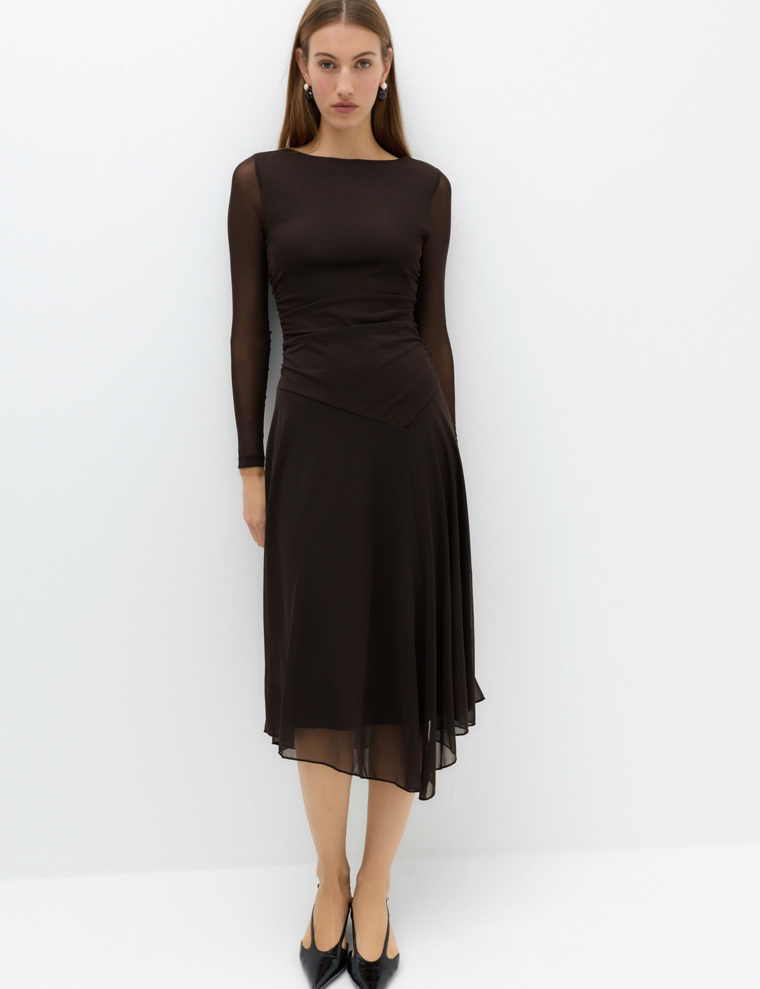 Mesh Draped Asymmetric Hem Midaxi Waisted Dress 1 of 7