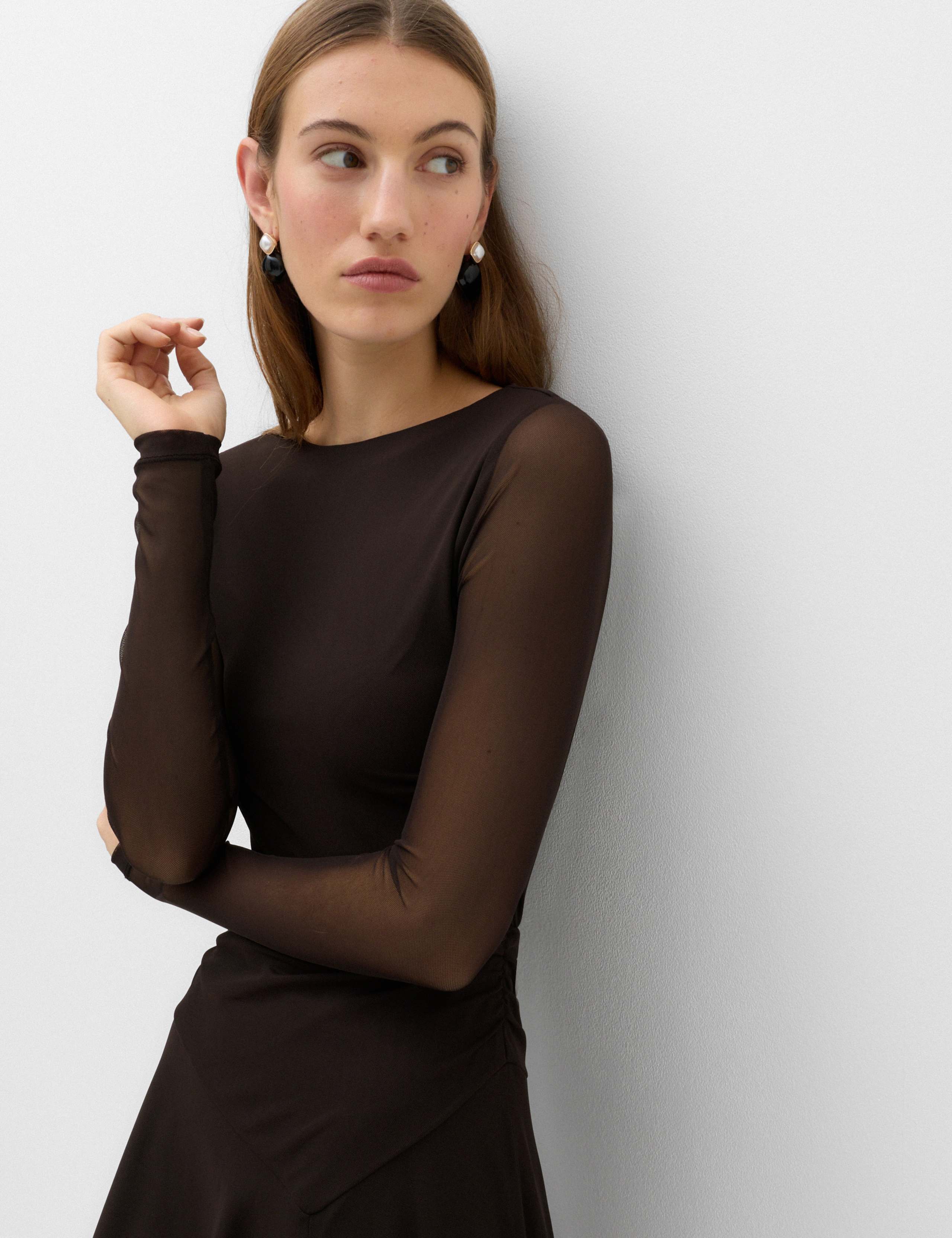 Mesh Draped Asymmetric Hem Midaxi Waisted Dress 4 of 7