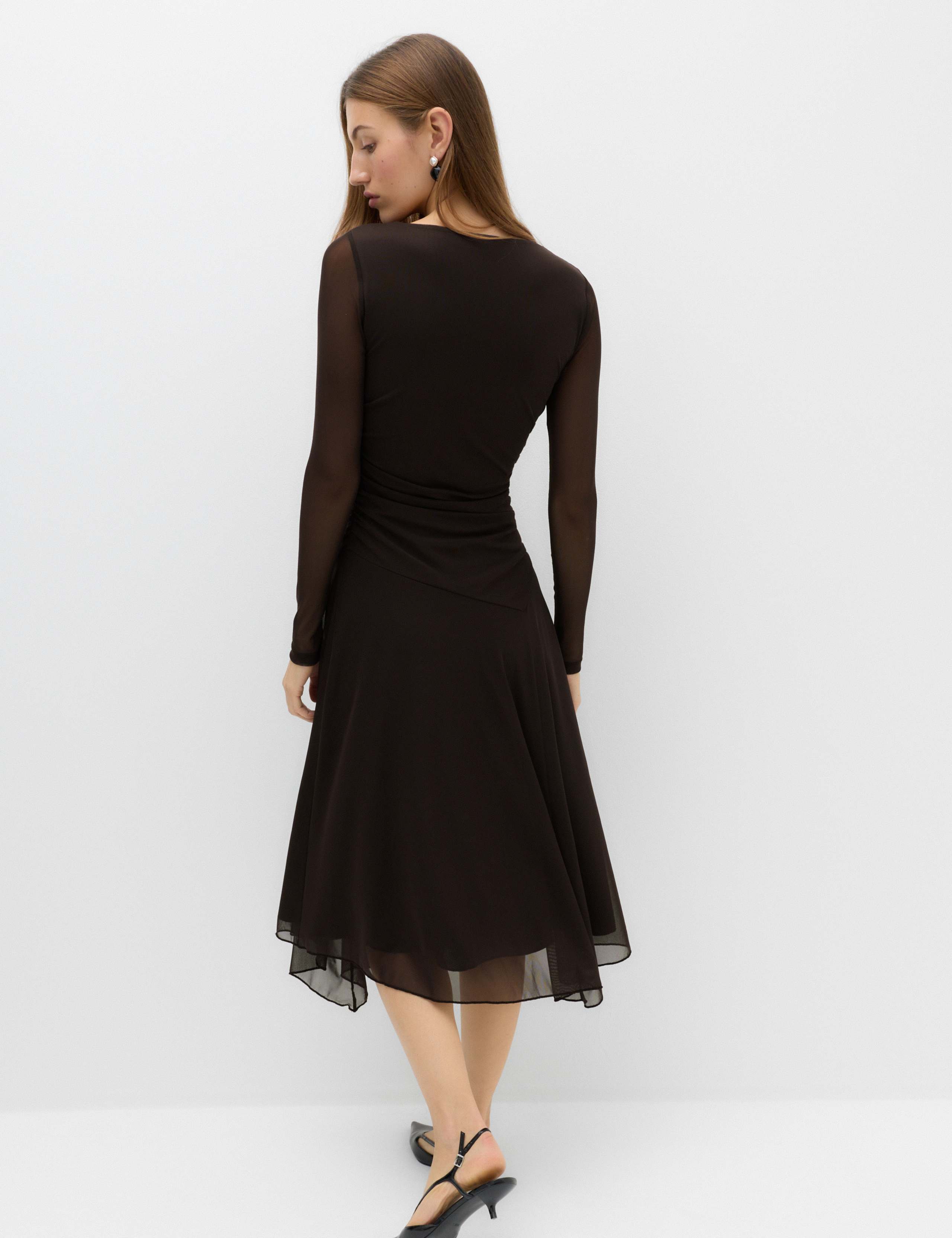 Mesh Draped Asymmetric Hem Midaxi Waisted Dress 5 of 7