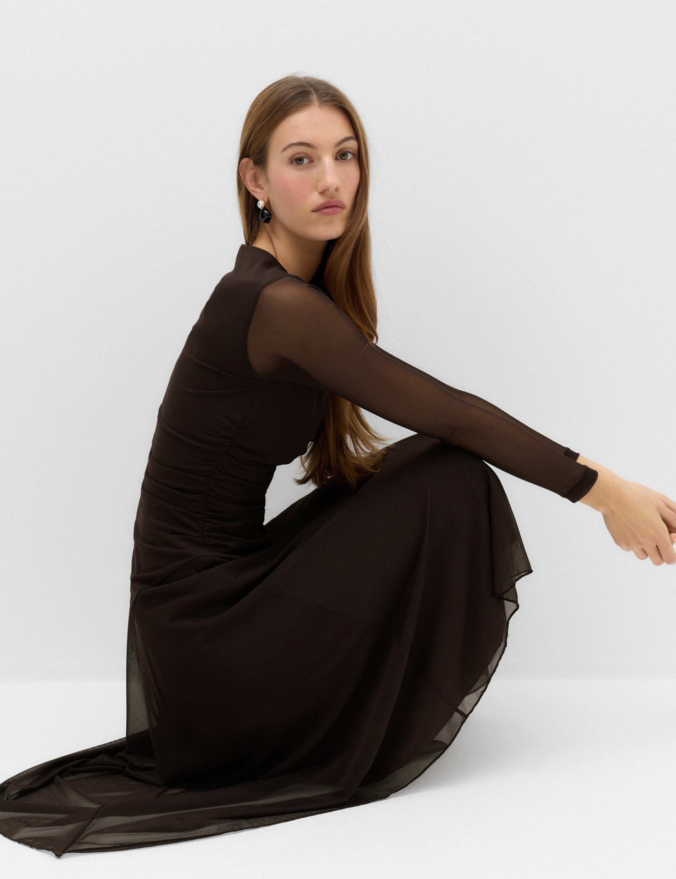Mesh Draped Asymmetric Hem Midaxi Waisted Dress 6 of 7