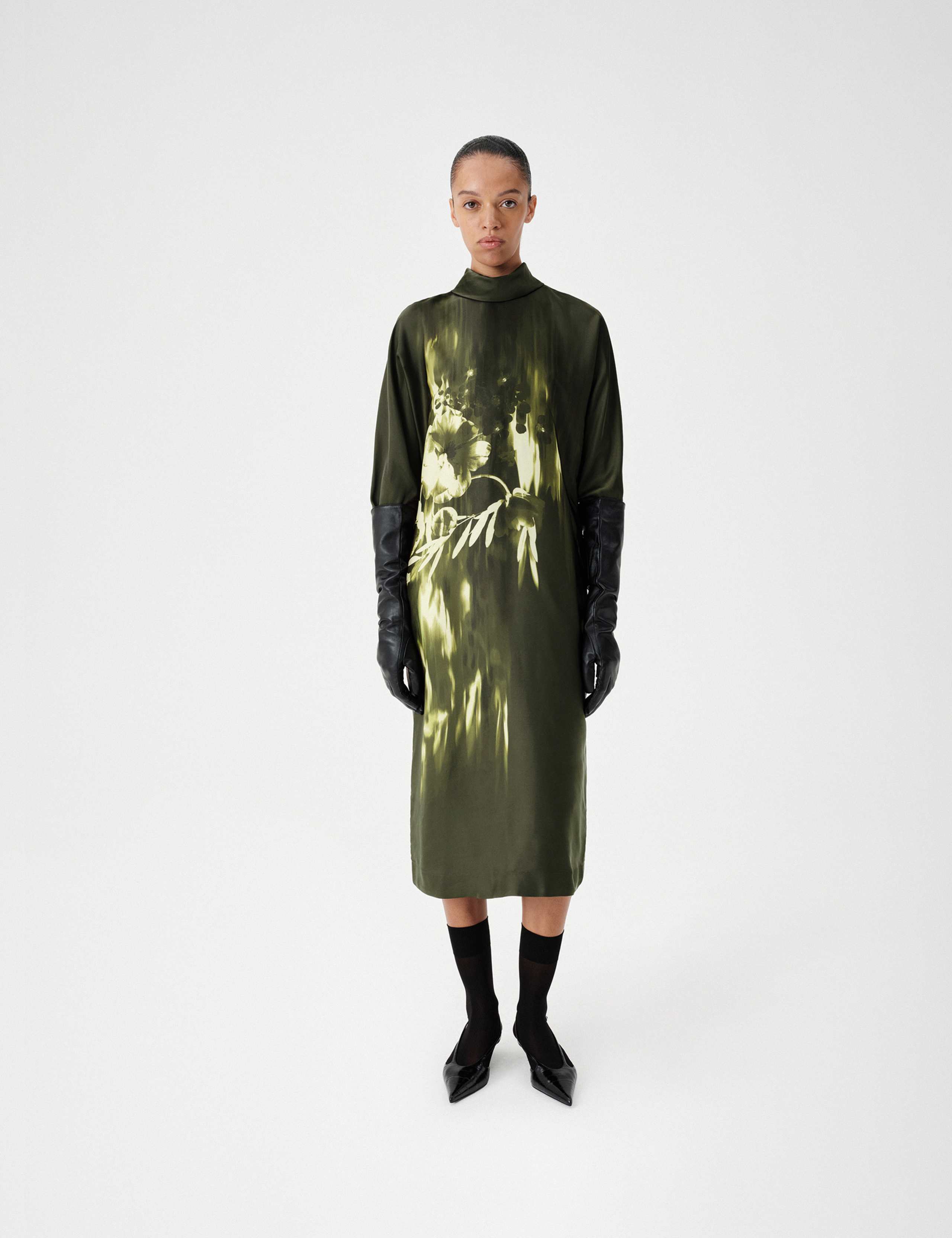 Floral Funnel Neck Midi Satin Column Dress 3 of 8