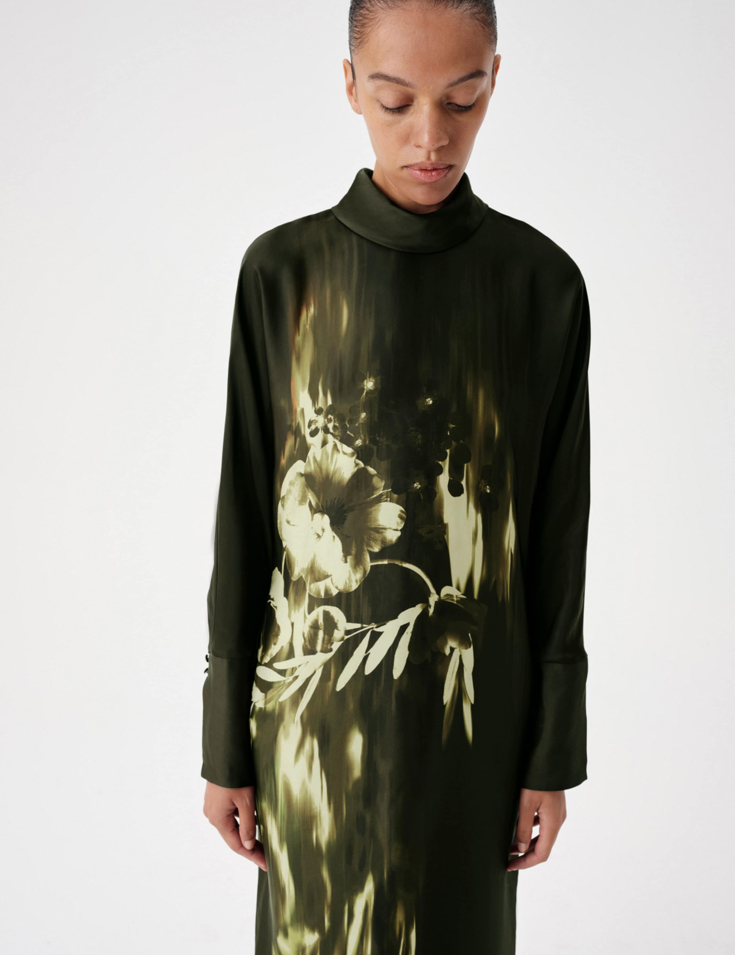 Floral Funnel Neck Midi Satin Column Dress 7 of 8
