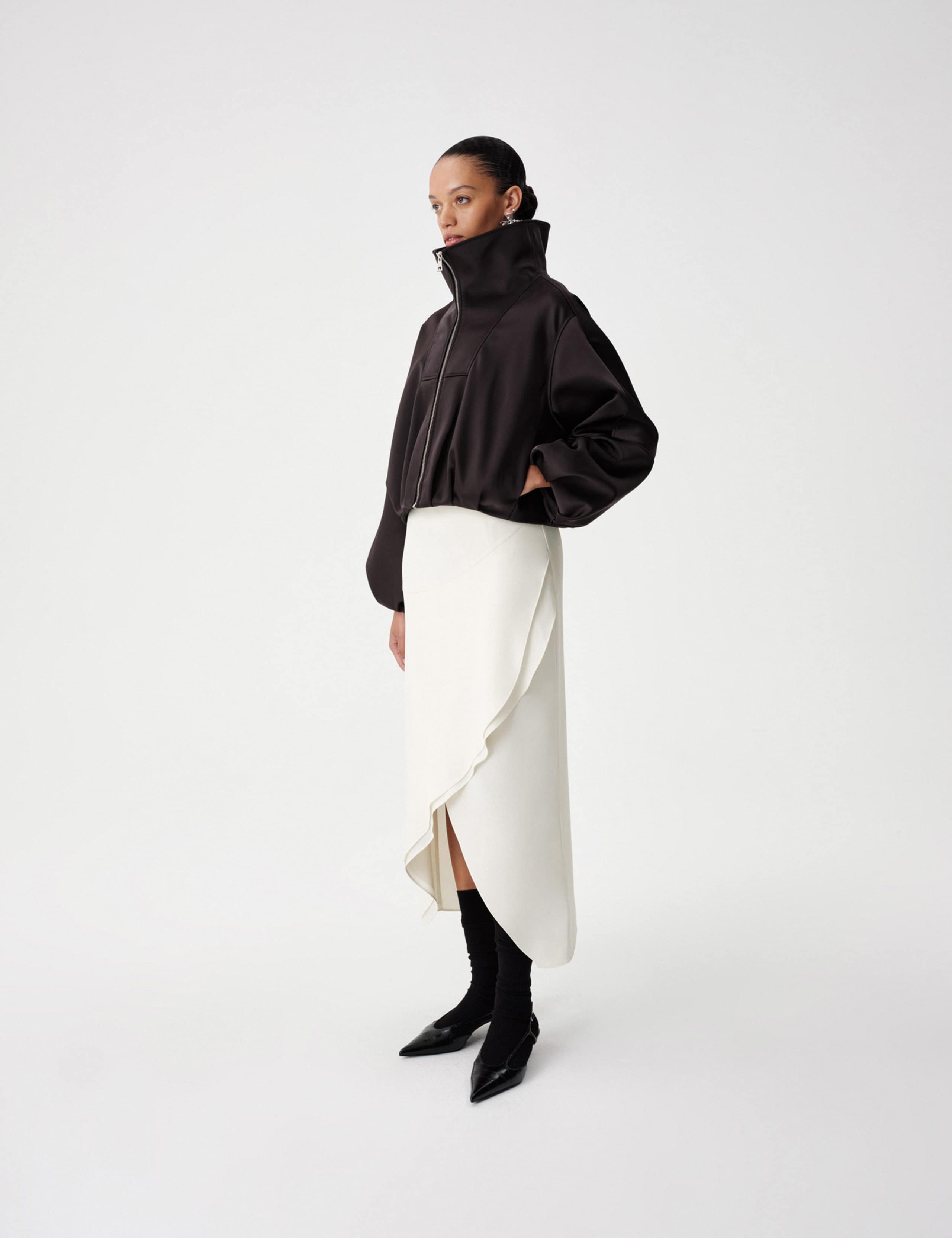 Satin Draped Asymmetric Midi Wrap Skirt 3 of 5