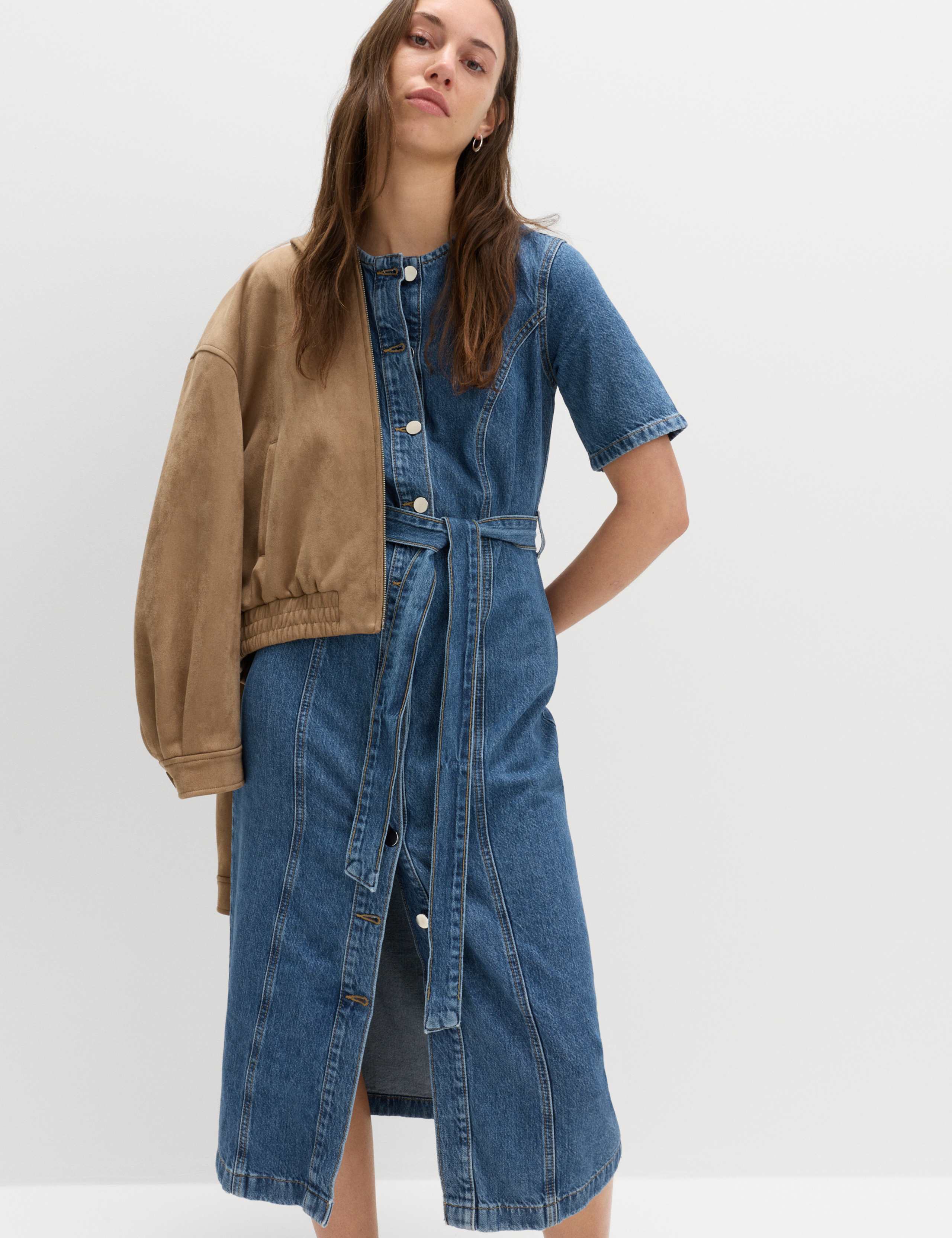 Denim Button Through Midi Waisted Dress 1 of 6
