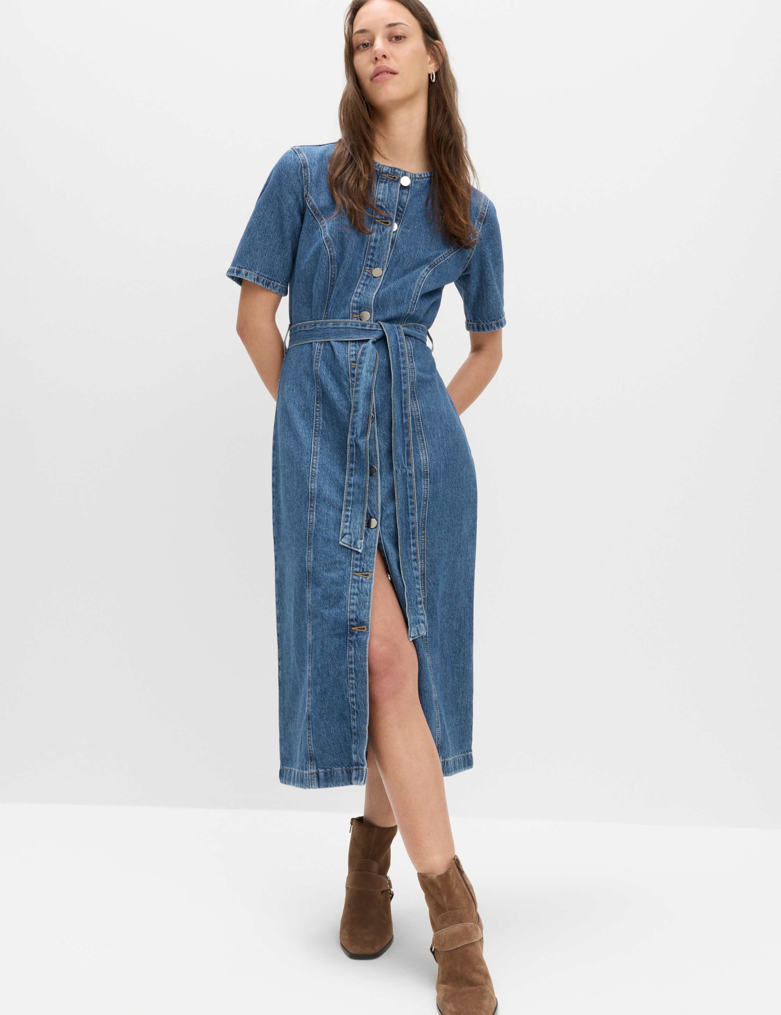 Denim Button Through Midi Waisted Dress 5 of 6