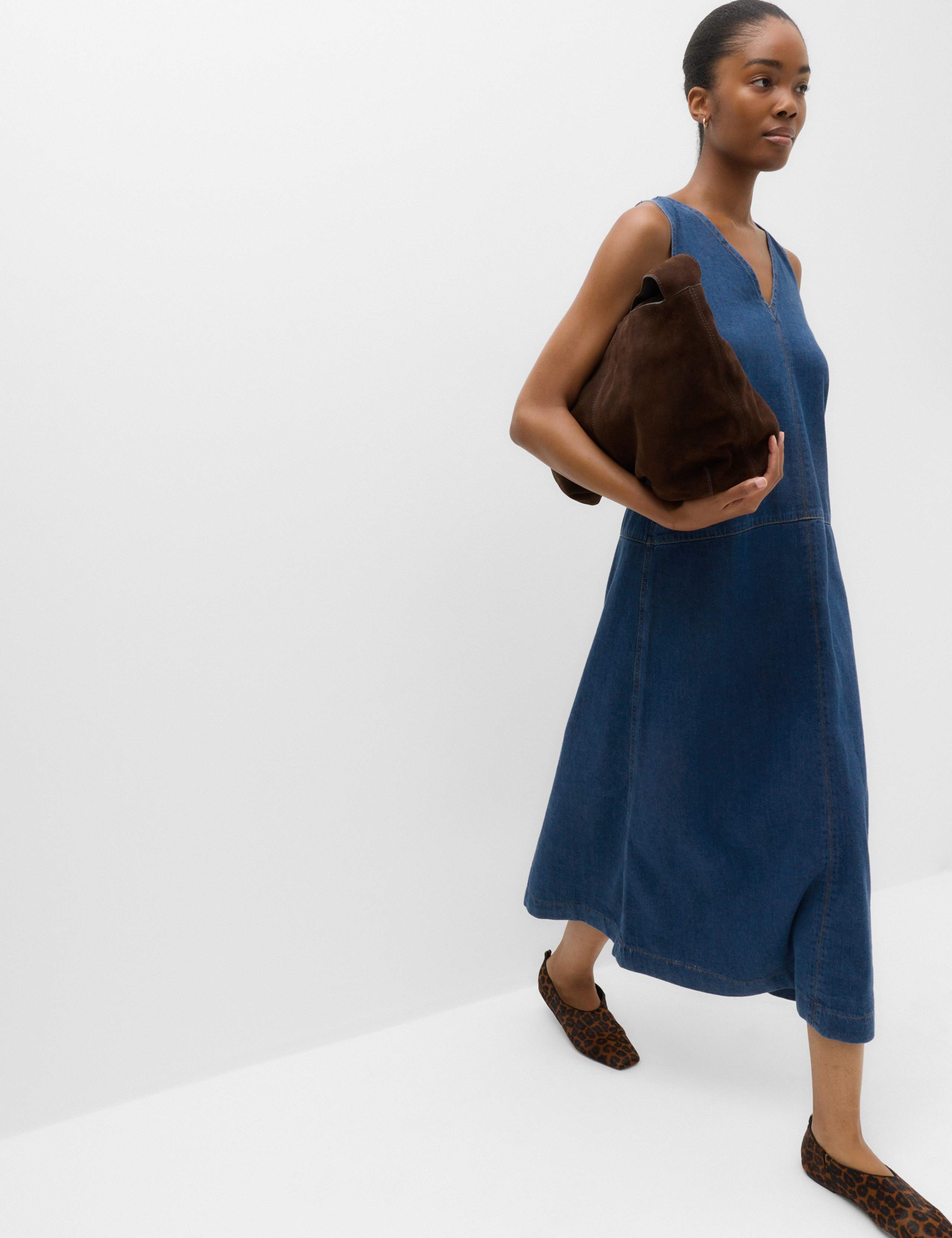 Denim V-Neck Tie Detail Midi Relaxed Dress 1 of 6