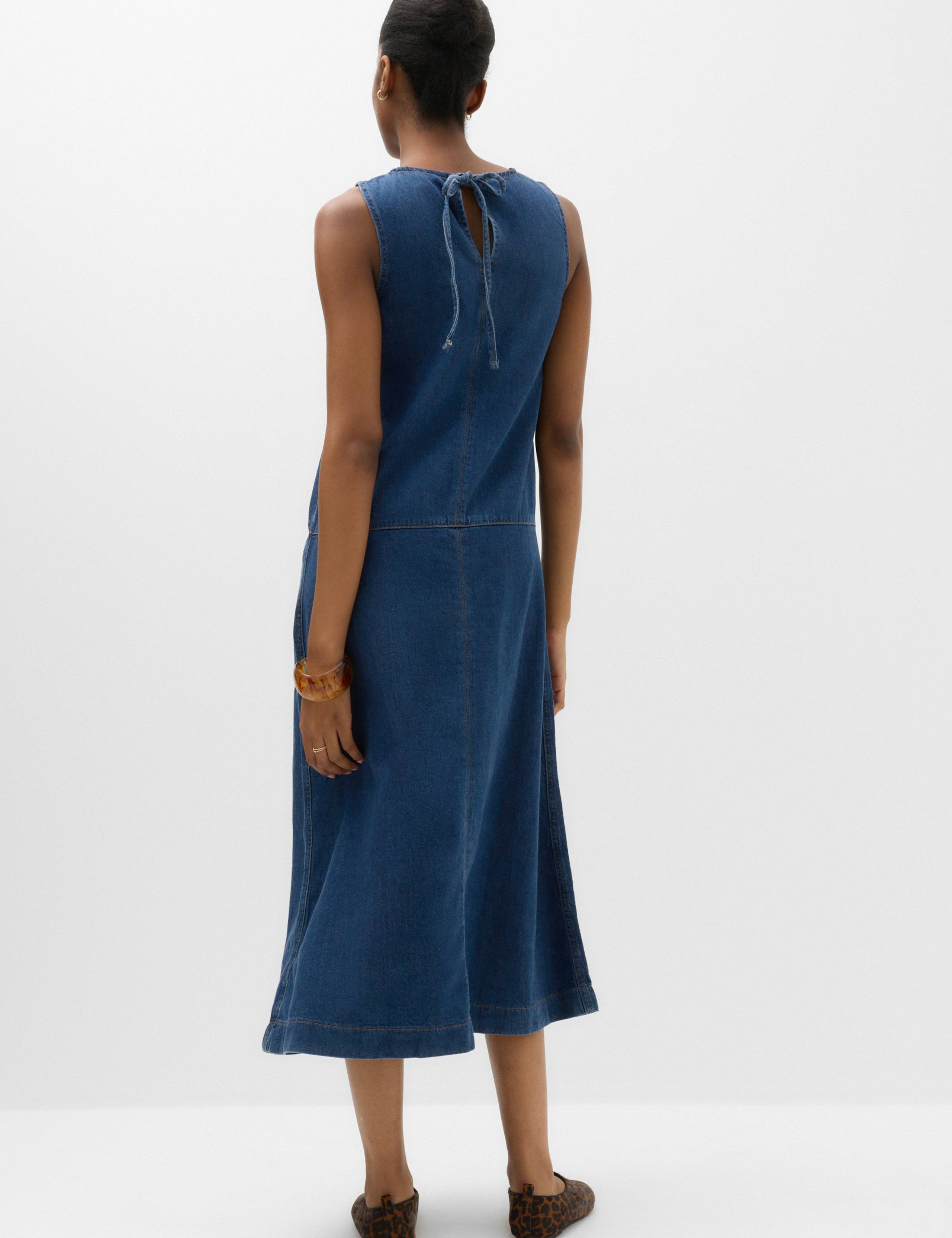 Denim V-Neck Tie Detail Midi Relaxed Dress 4 of 6