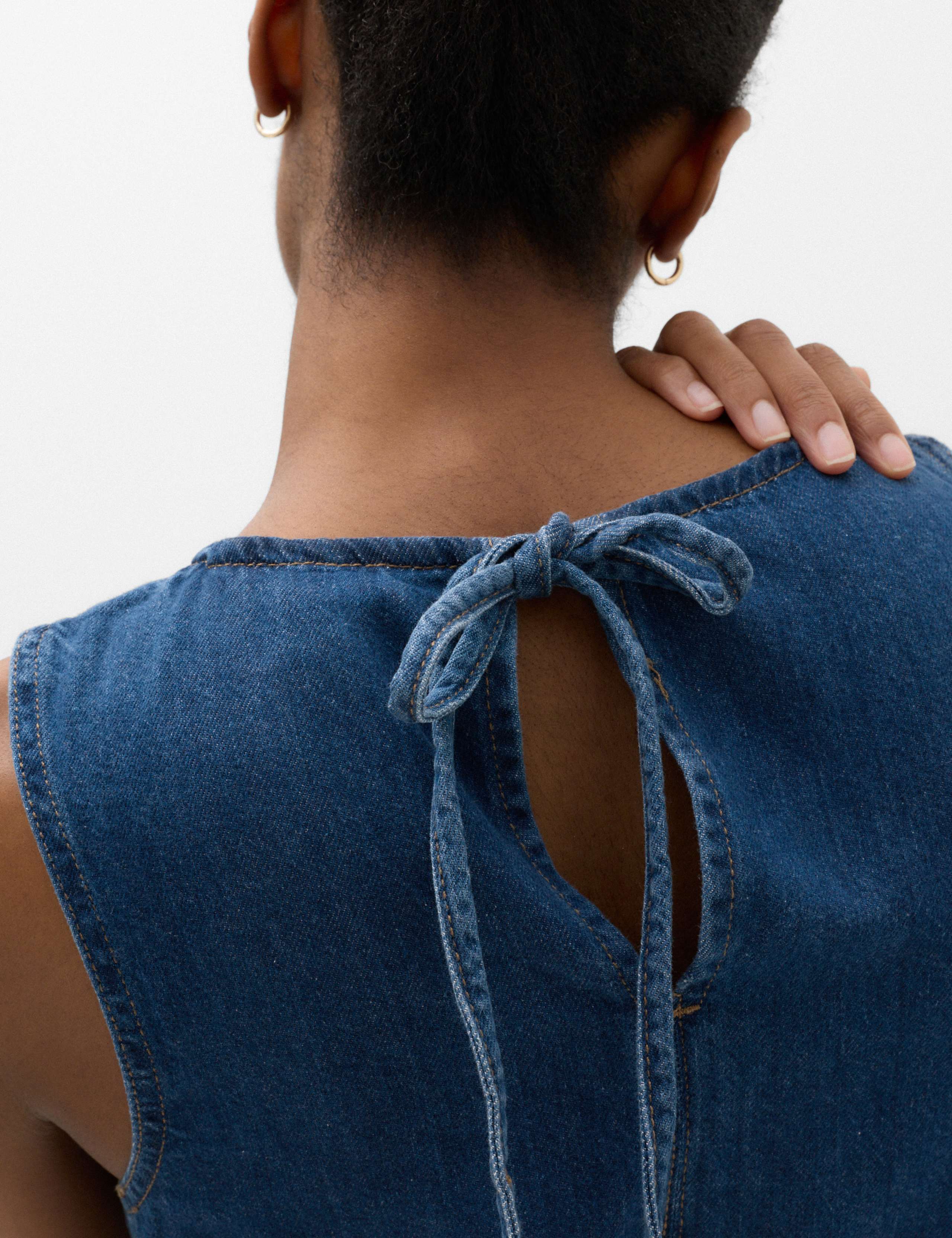 Denim V-Neck Tie Detail Midi Relaxed Dress 5 of 6