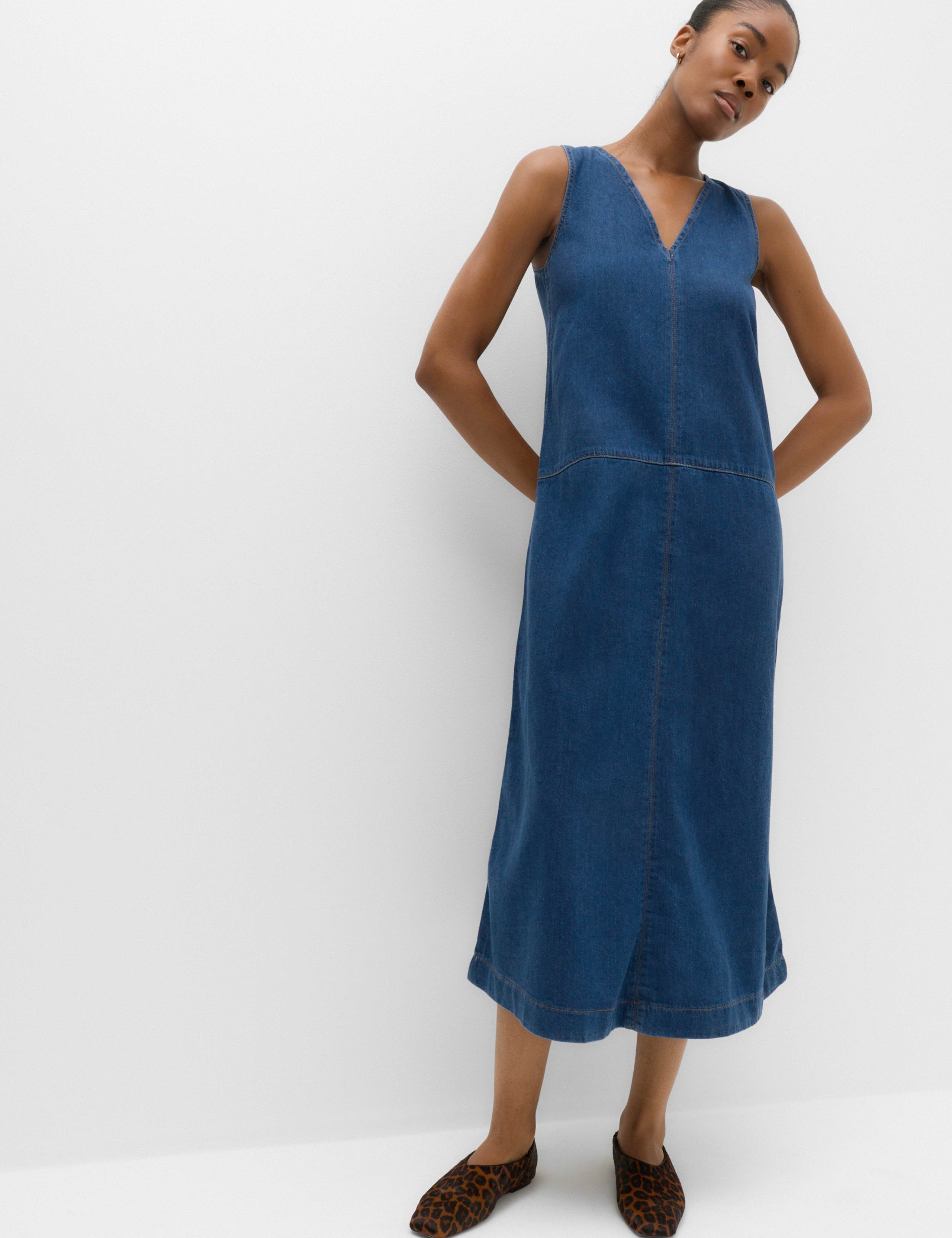 Denim V-Neck Tie Detail Midi Relaxed Dress 6 of 6