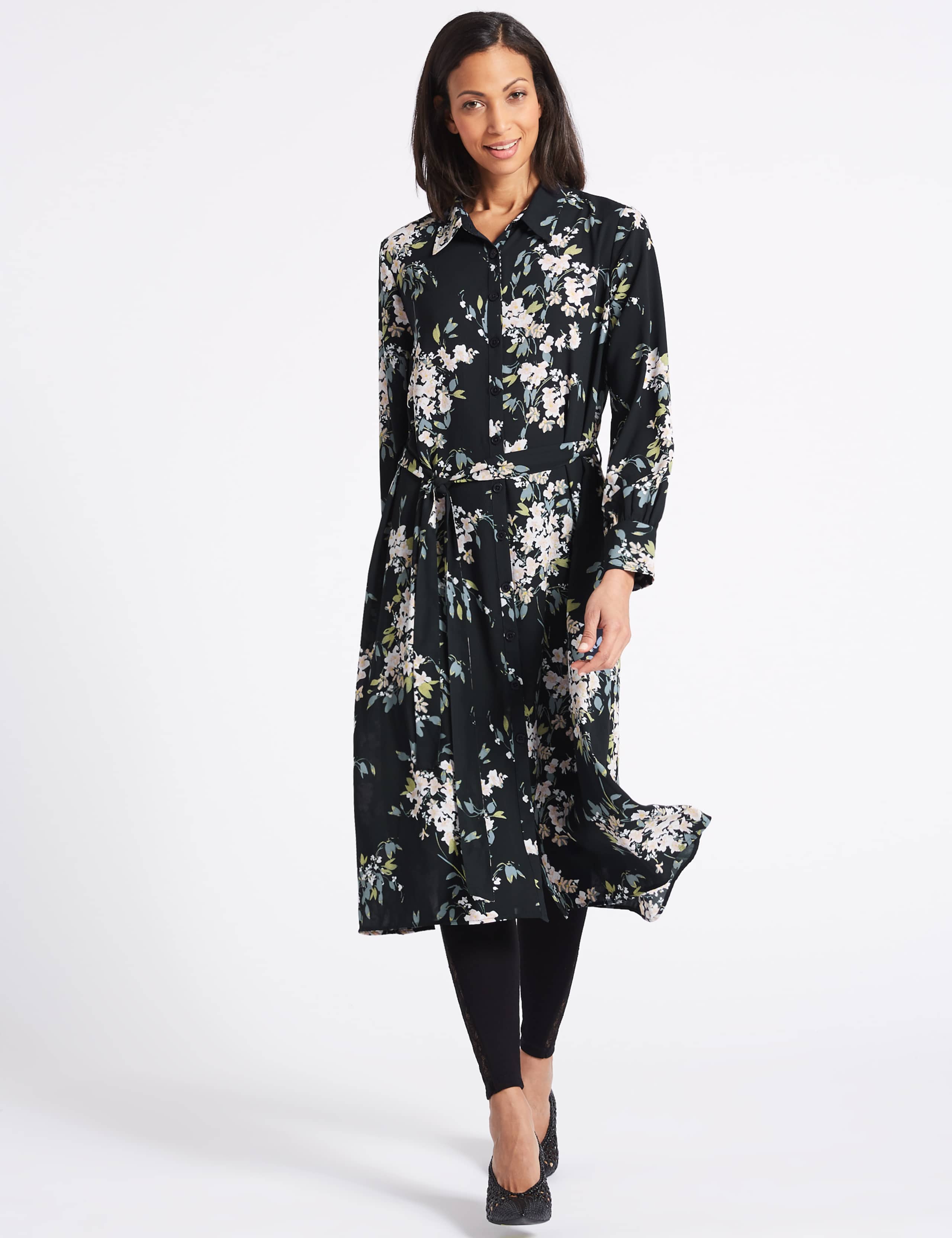 Floral Print Long Sleeve Shift Midi Dress 1 of 3