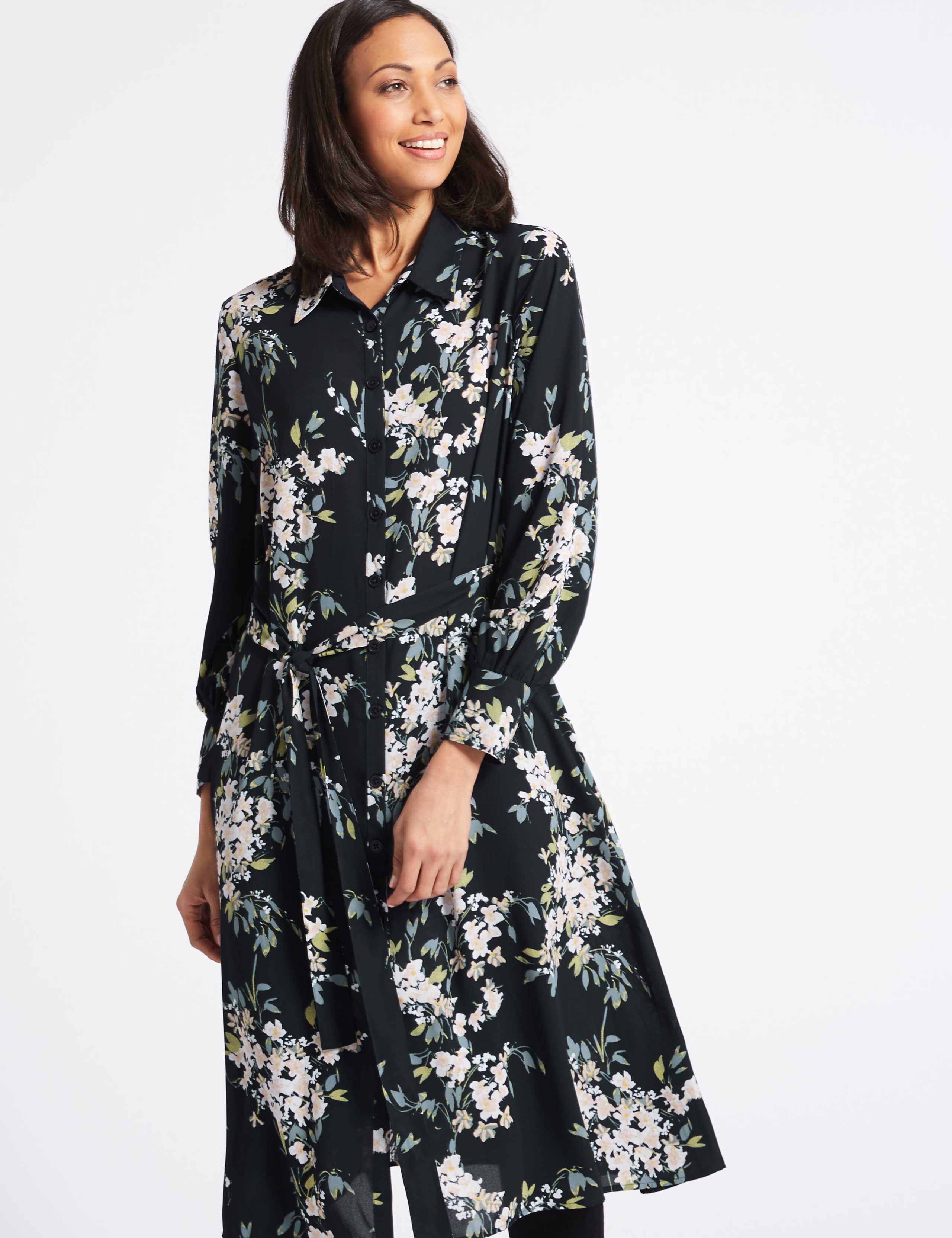 Floral Print Long Sleeve Shift Midi Dress 2 of 3