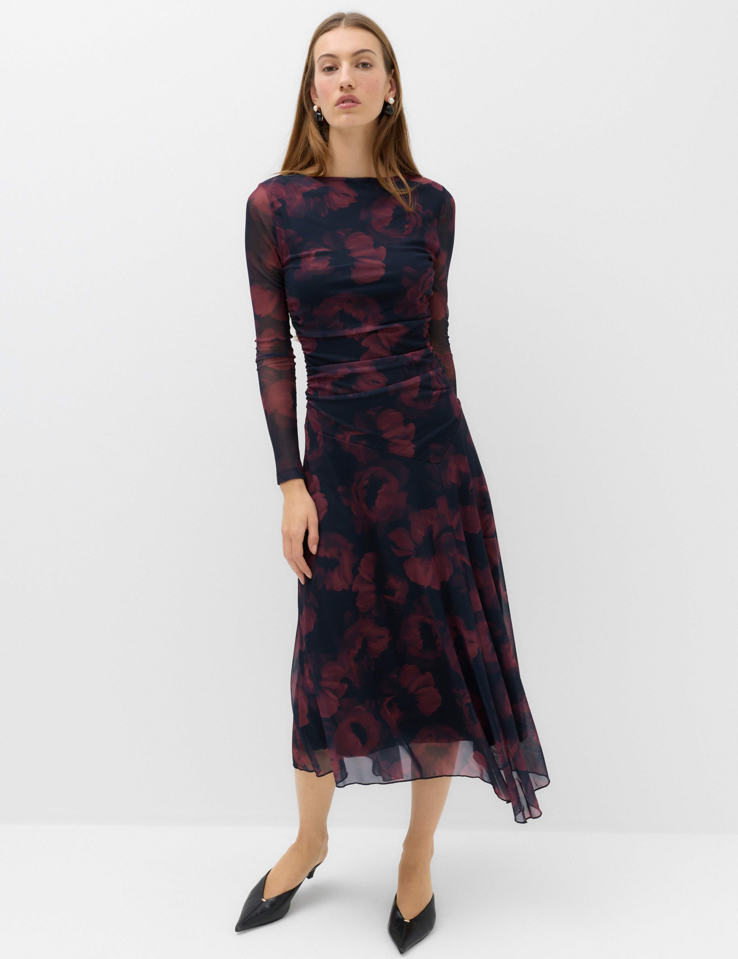 Mesh Floral Asymmetric Hem Midaxi Waisted Dress 7 of 7