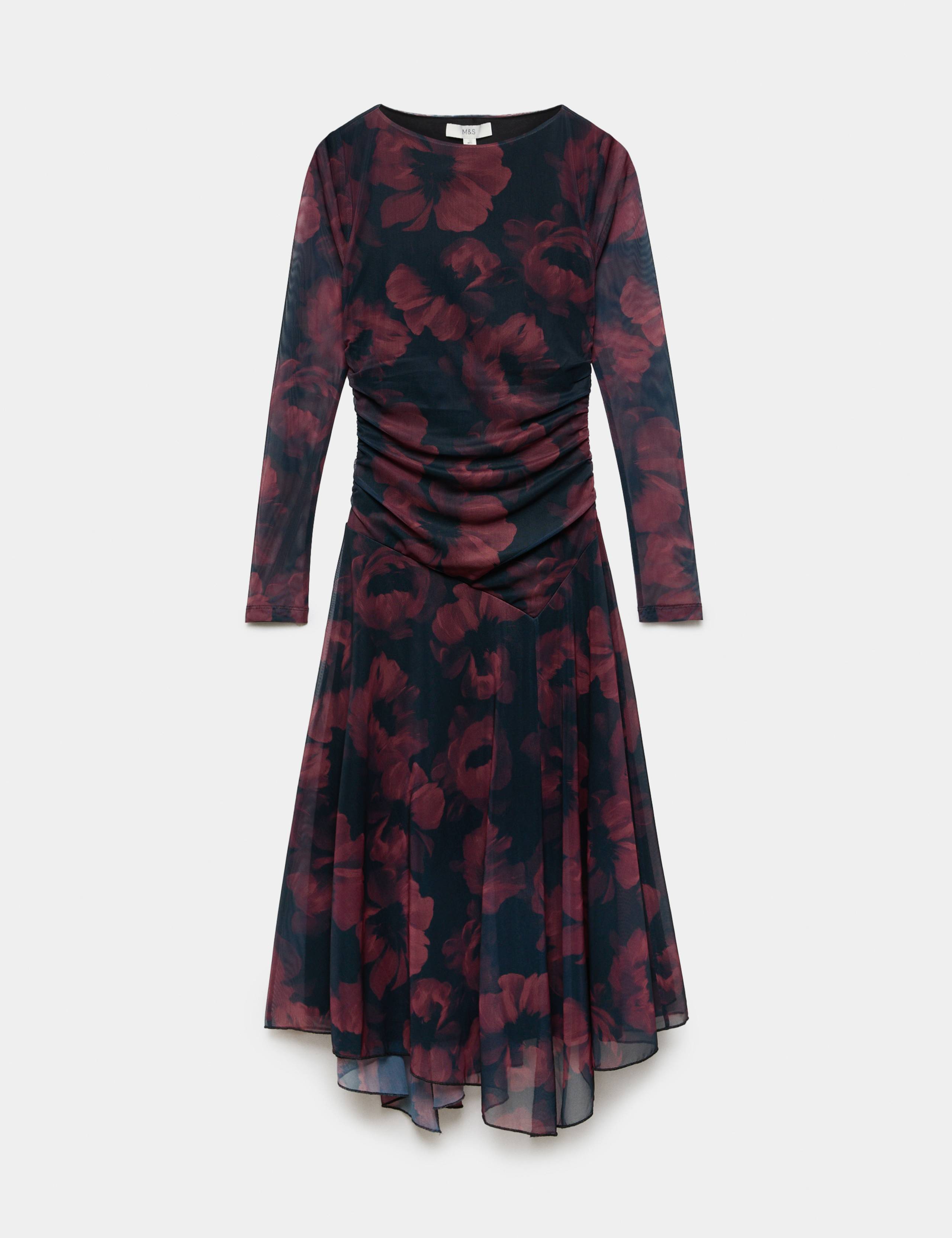 Mesh Floral Asymmetric Hem Midaxi Waisted Dress 2 of 7