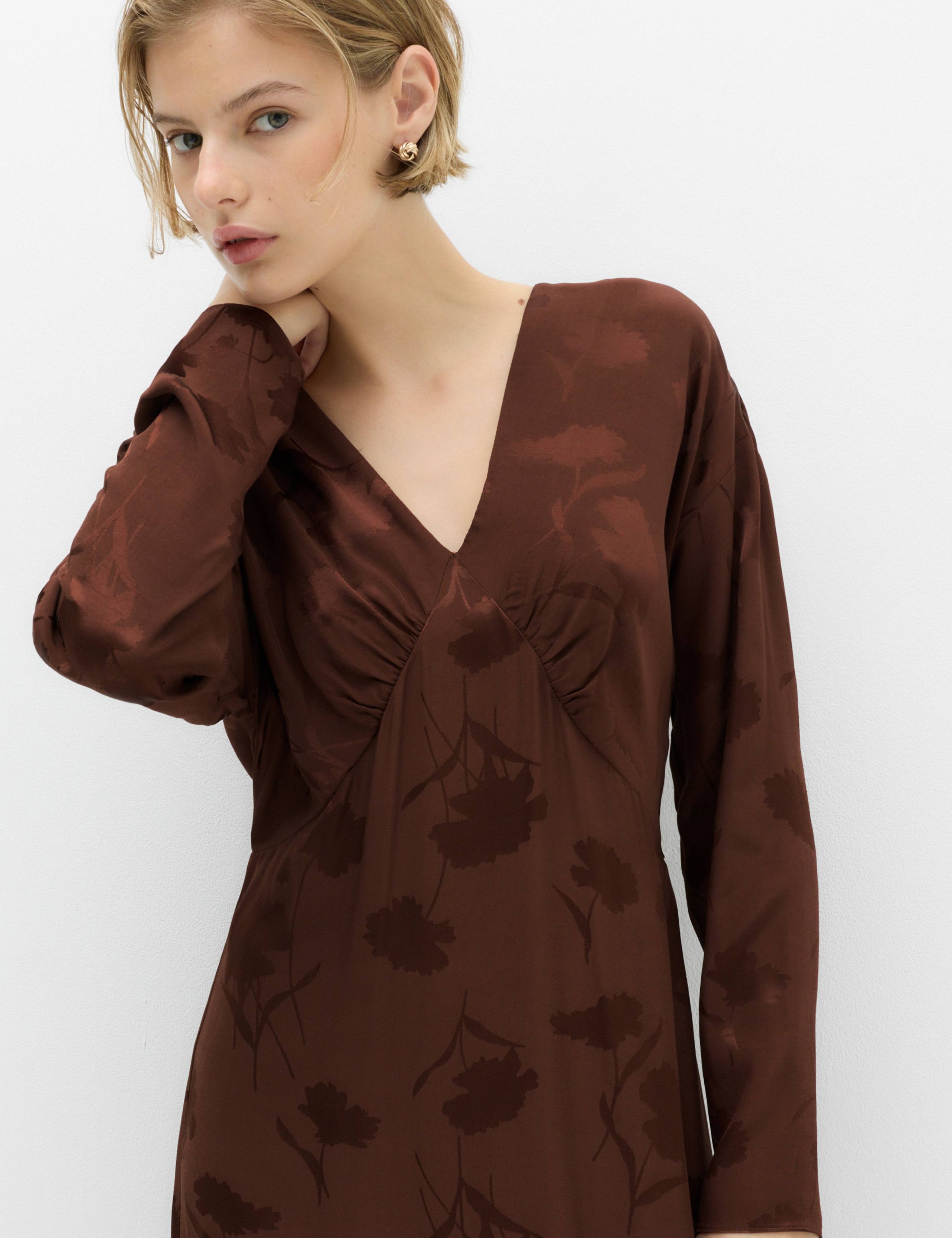 Satin Floral Jacquard V-Neck Midi Tea Dress 3 of 6