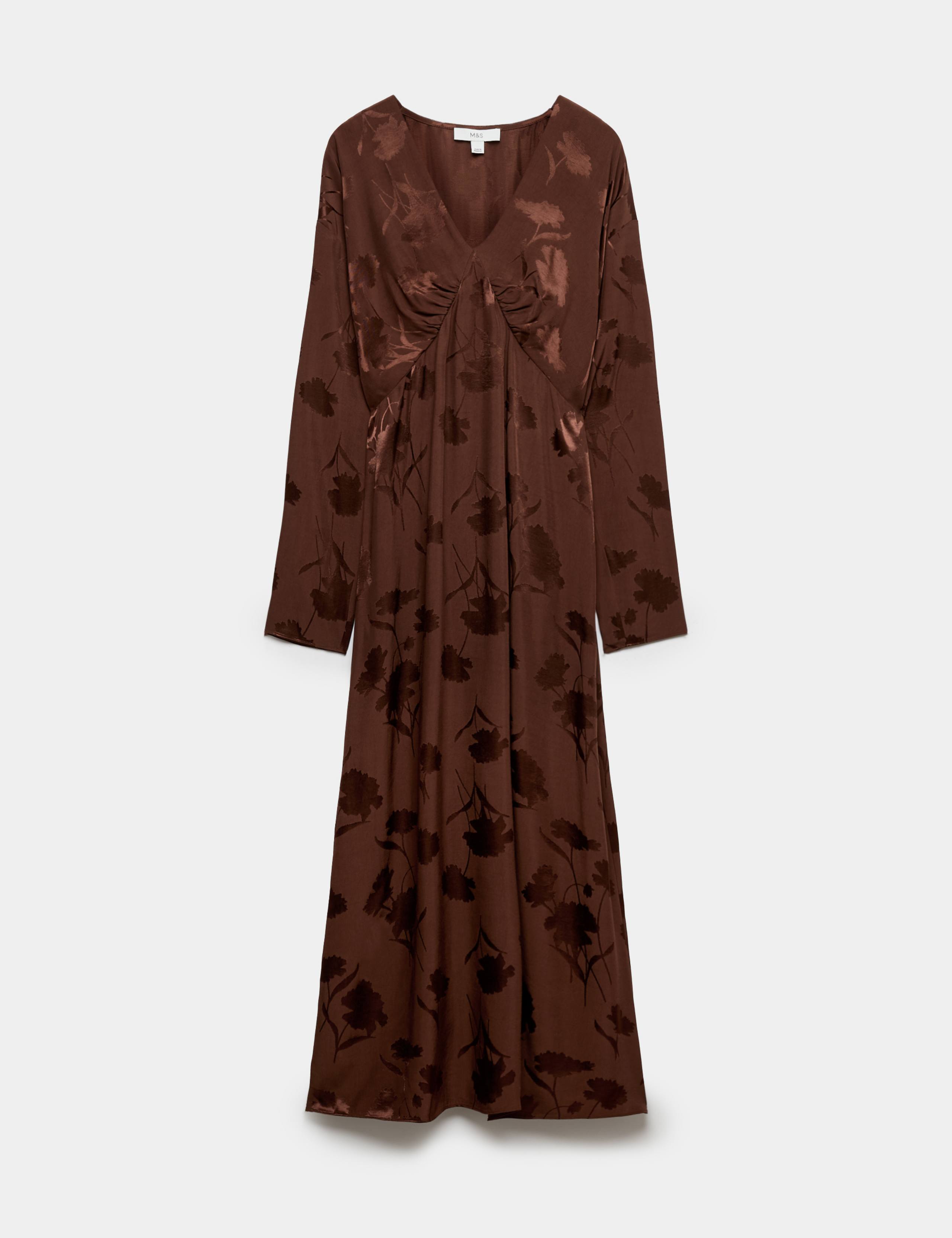 Satin Floral Jacquard V-Neck Midi Tea Dress 2 of 6
