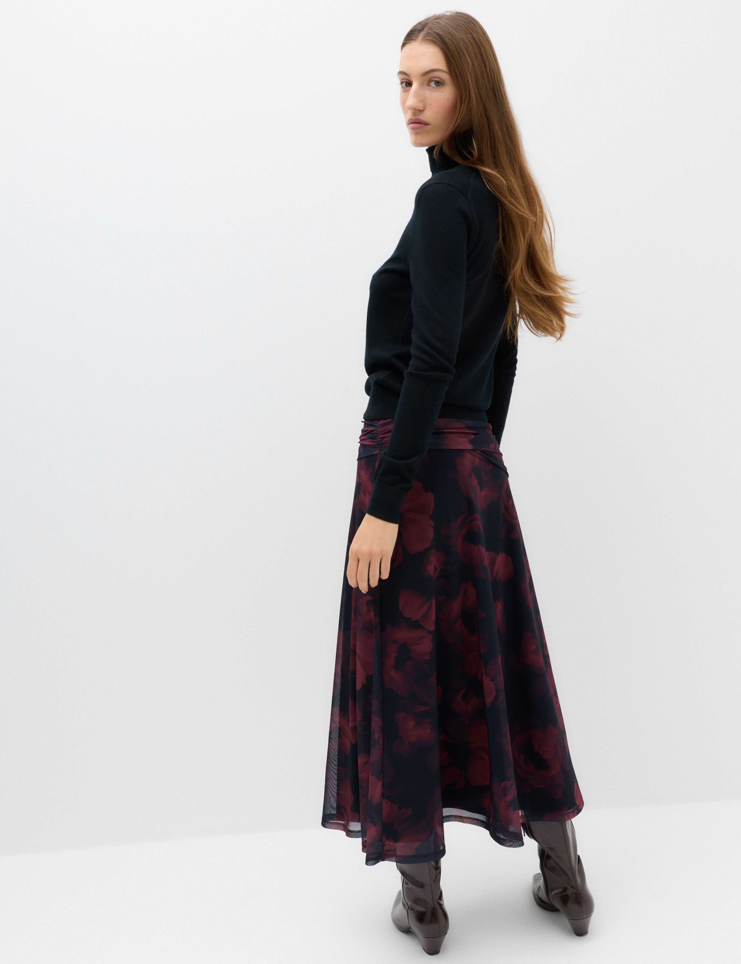 Mesh Floral Ruched Midi A Line Skirt 4 of 5