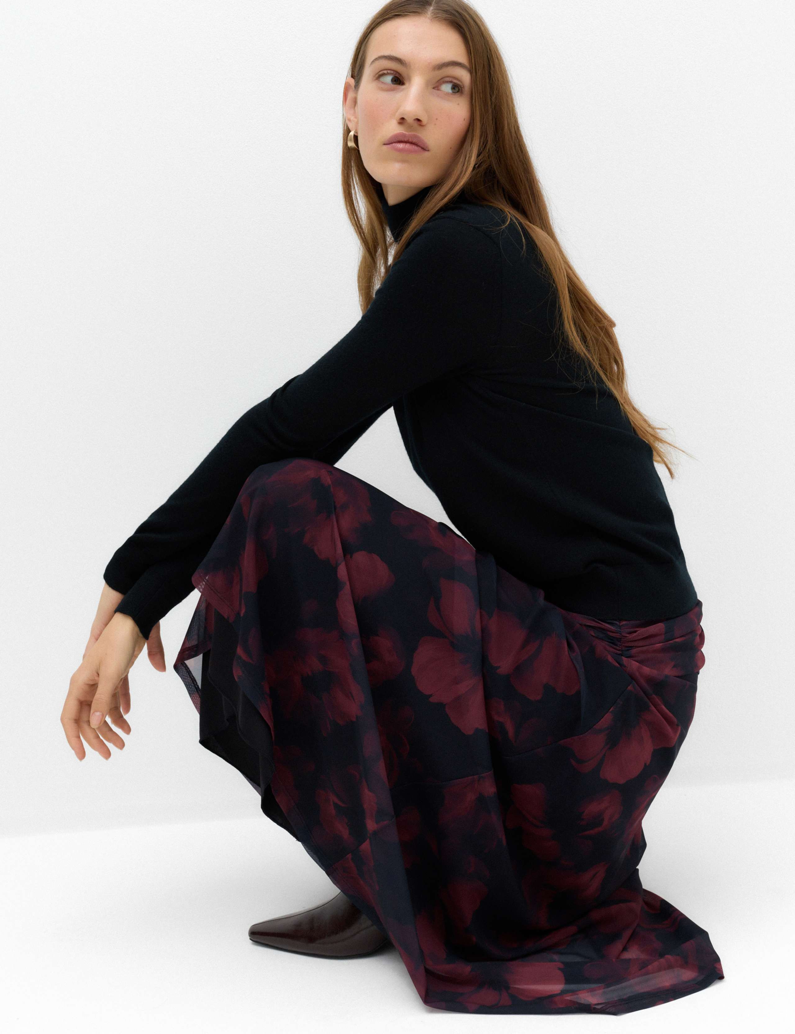 Mesh Floral Ruched Midi A Line Skirt 5 of 5