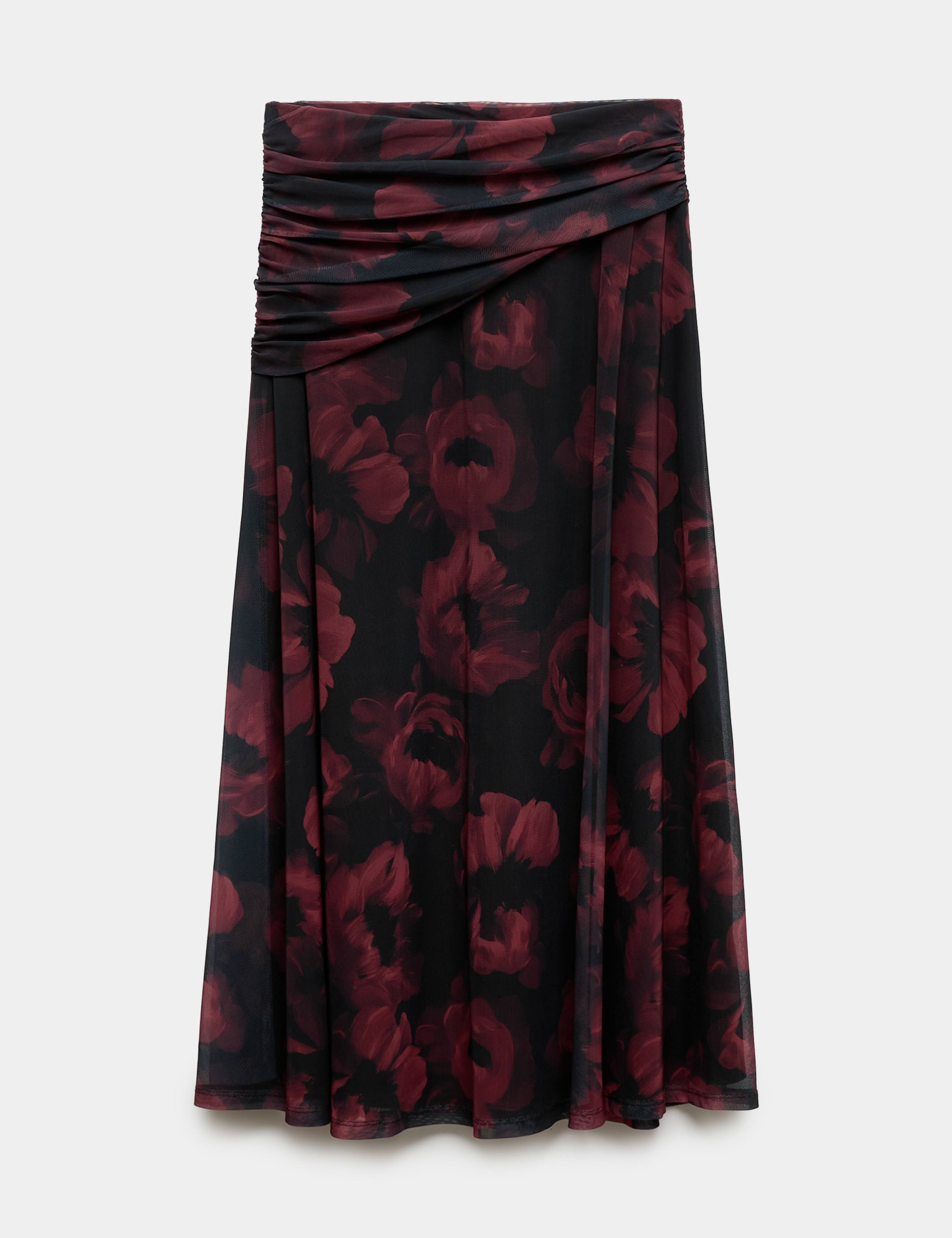 Mesh Floral Ruched Midi A Line Skirt 2 of 5